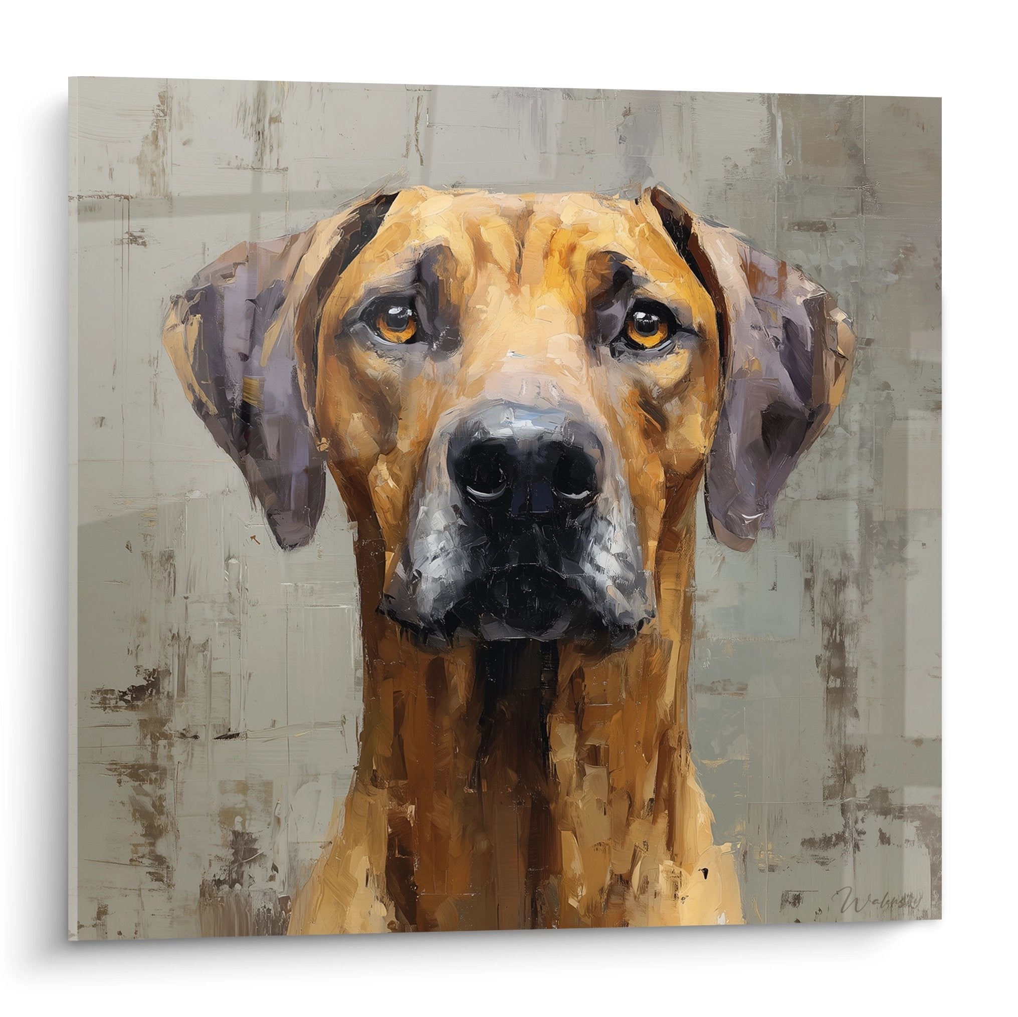 Portrait artistique Rhodesian Ridgeback aux tons ocre et bruns, yeux ambre expressifs sur fond gris texturé