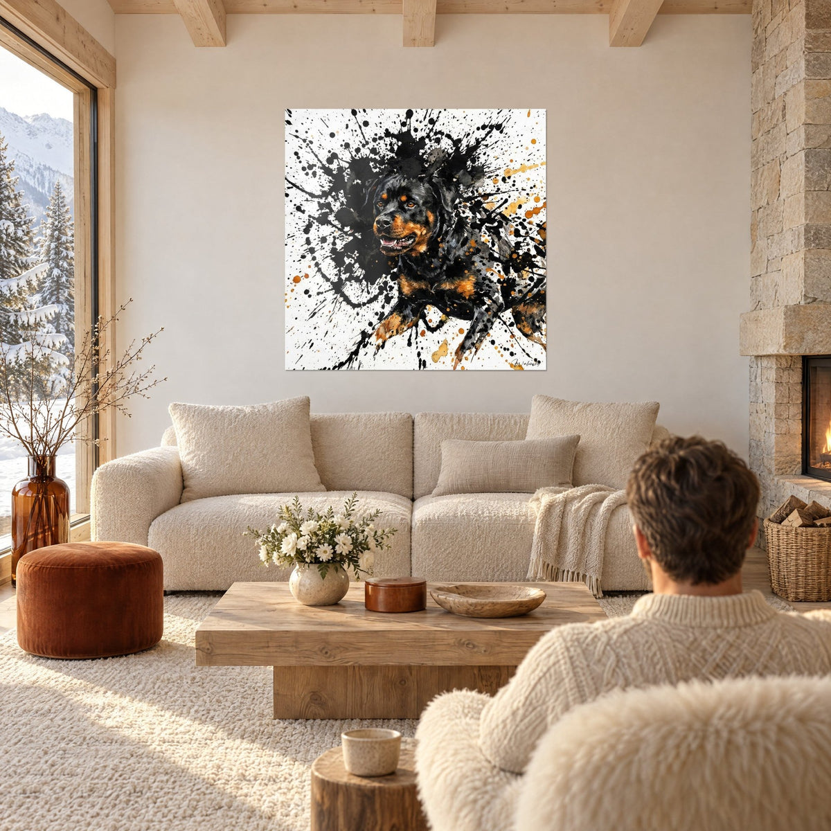Wall art black Rottweiler and fire with ink splashes bursting out, white background, above a sofa in a bright living room