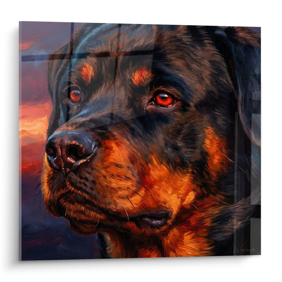 Tableau Rottweiler aux Yeux Rouges dans la Lumière Dorée - Regard Ardent - Edition Rottweiler