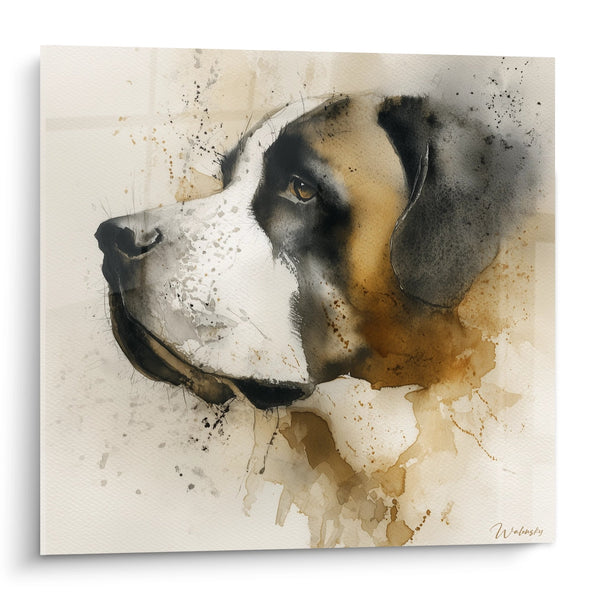 Cuadro Retrato de Perro Acuarela Ocre y Negro - Mirada Tierna - Edición San Bernardo