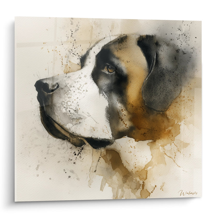 Tableau Portrait Chien Aquarelle Ocre et Noir - Regard Tendre - Edition Saint Bernard