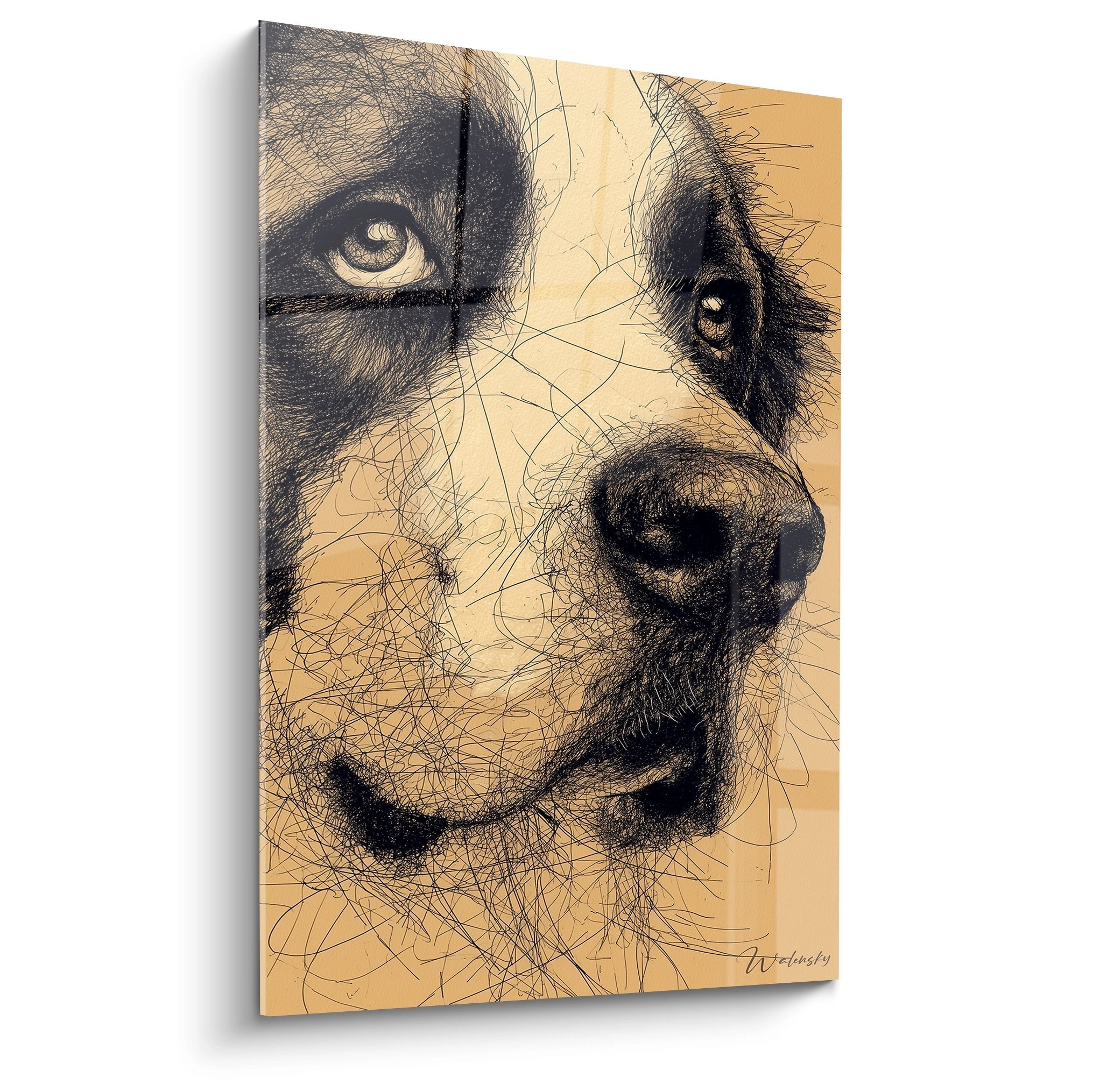 Portrait artistique d'un Saint Bernard aux yeux dorés, technique esquisse sur fond ocre, regard expressif