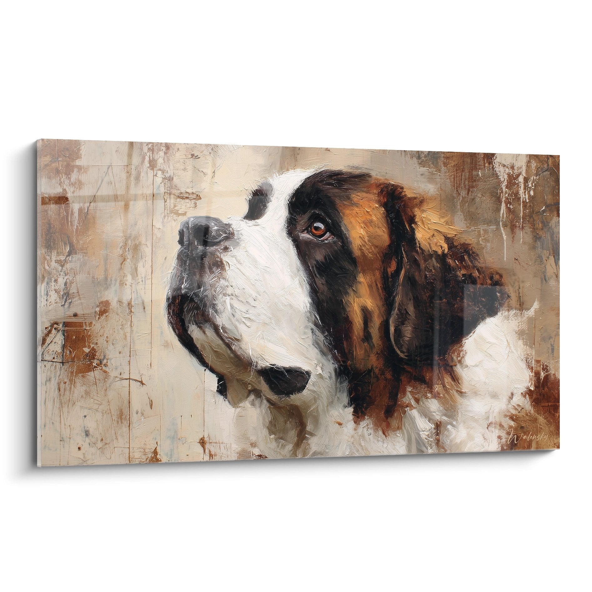 Portrait de Saint Bernard aux tons ocre et blanc sur fond texturé beige, regard expressif et noble, peinture réaliste