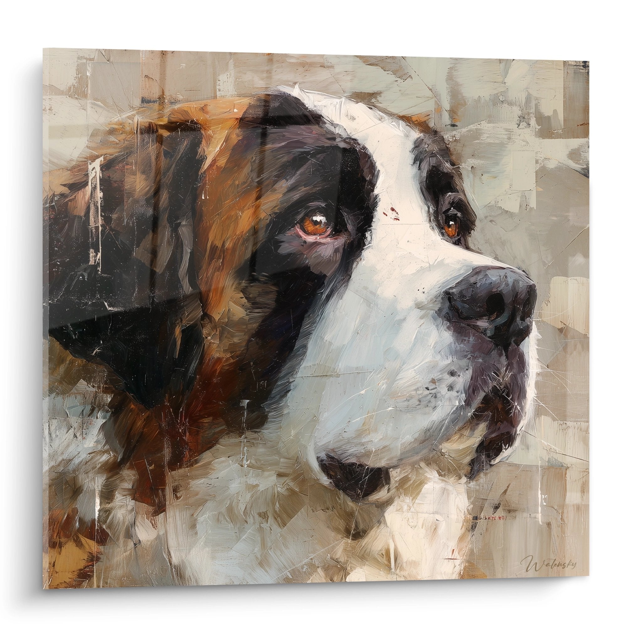 Portrait peinture Saint Bernard yeux ambres pelage tricolore fond beige style expressif decoration murale