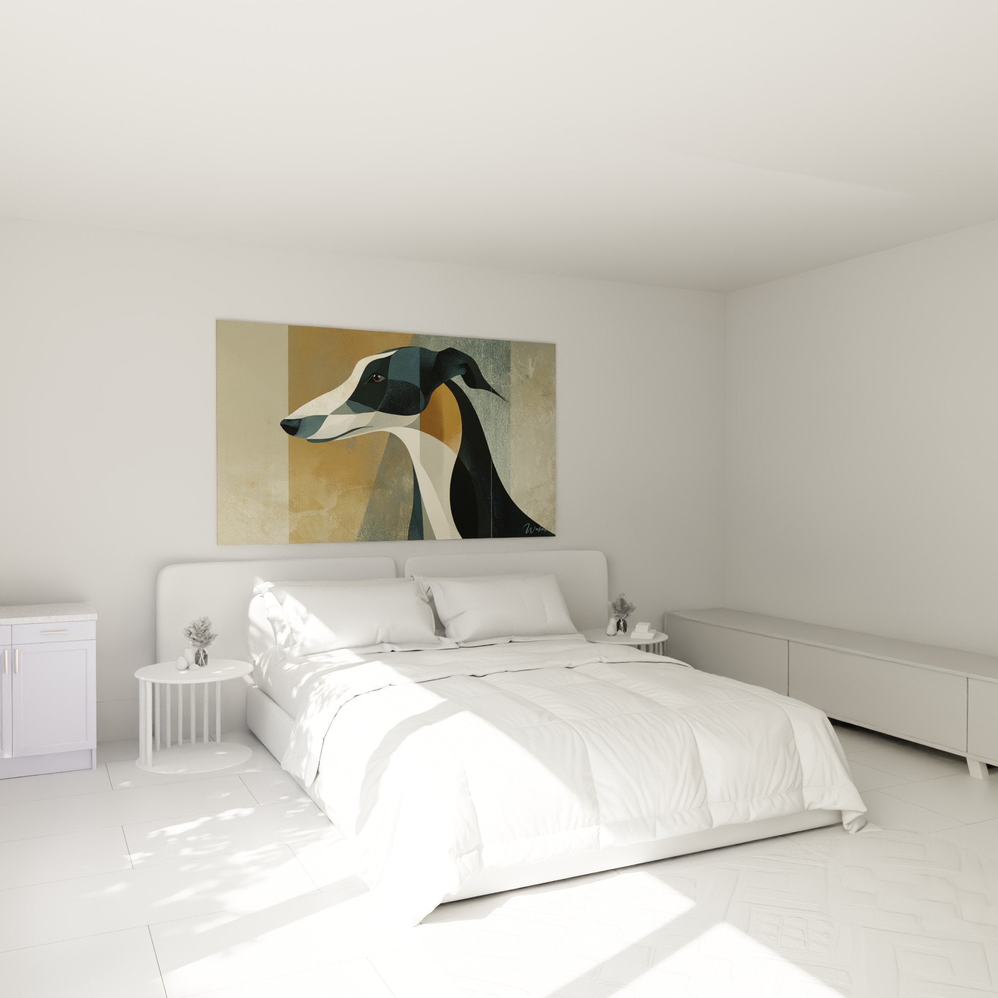 Portrait artistique de saluki aux tons apaisants dans chambre contemporaine épurée