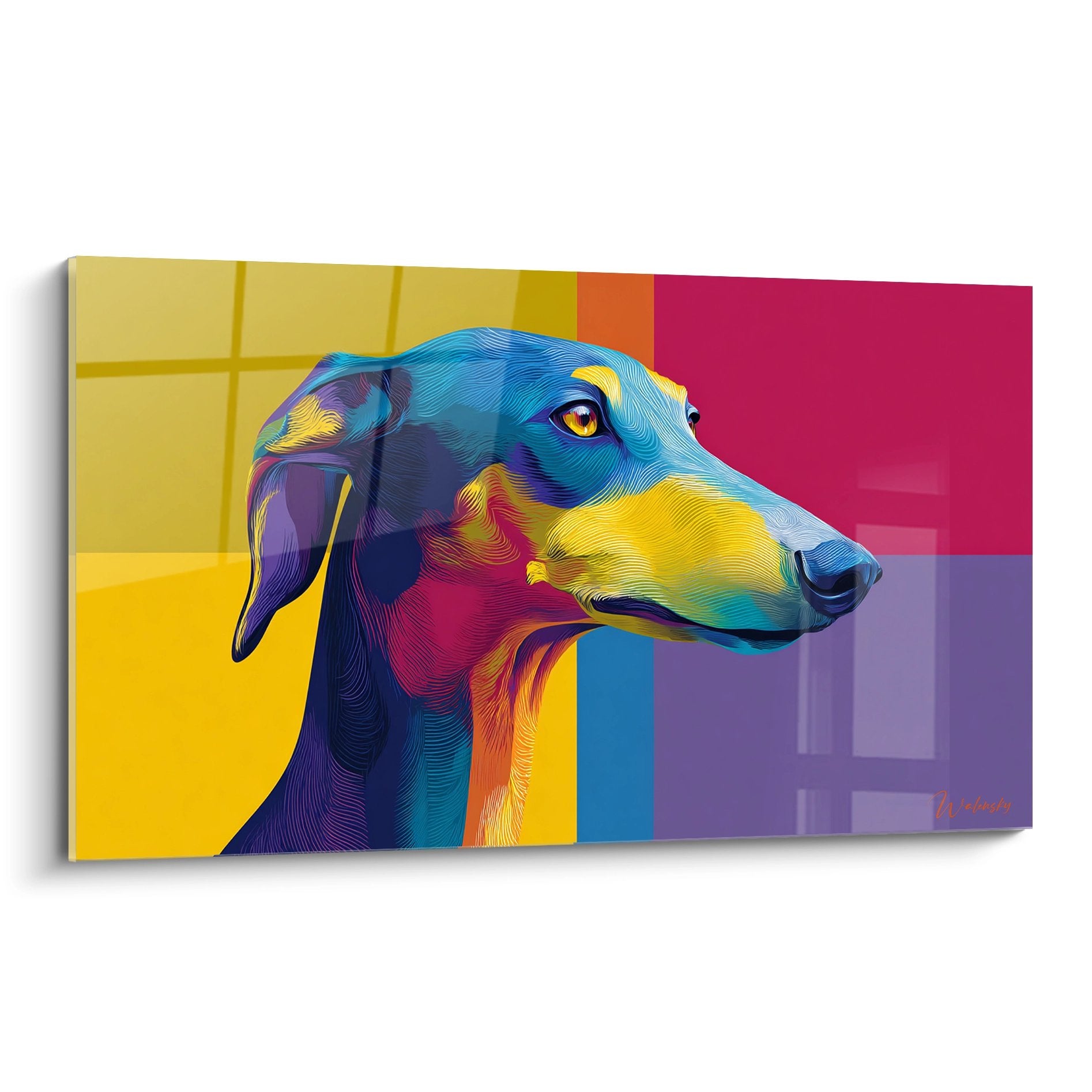 Portrait coloré de Saluki en style géométrique avec tons turquoise violet et jaune sur fond multicolore