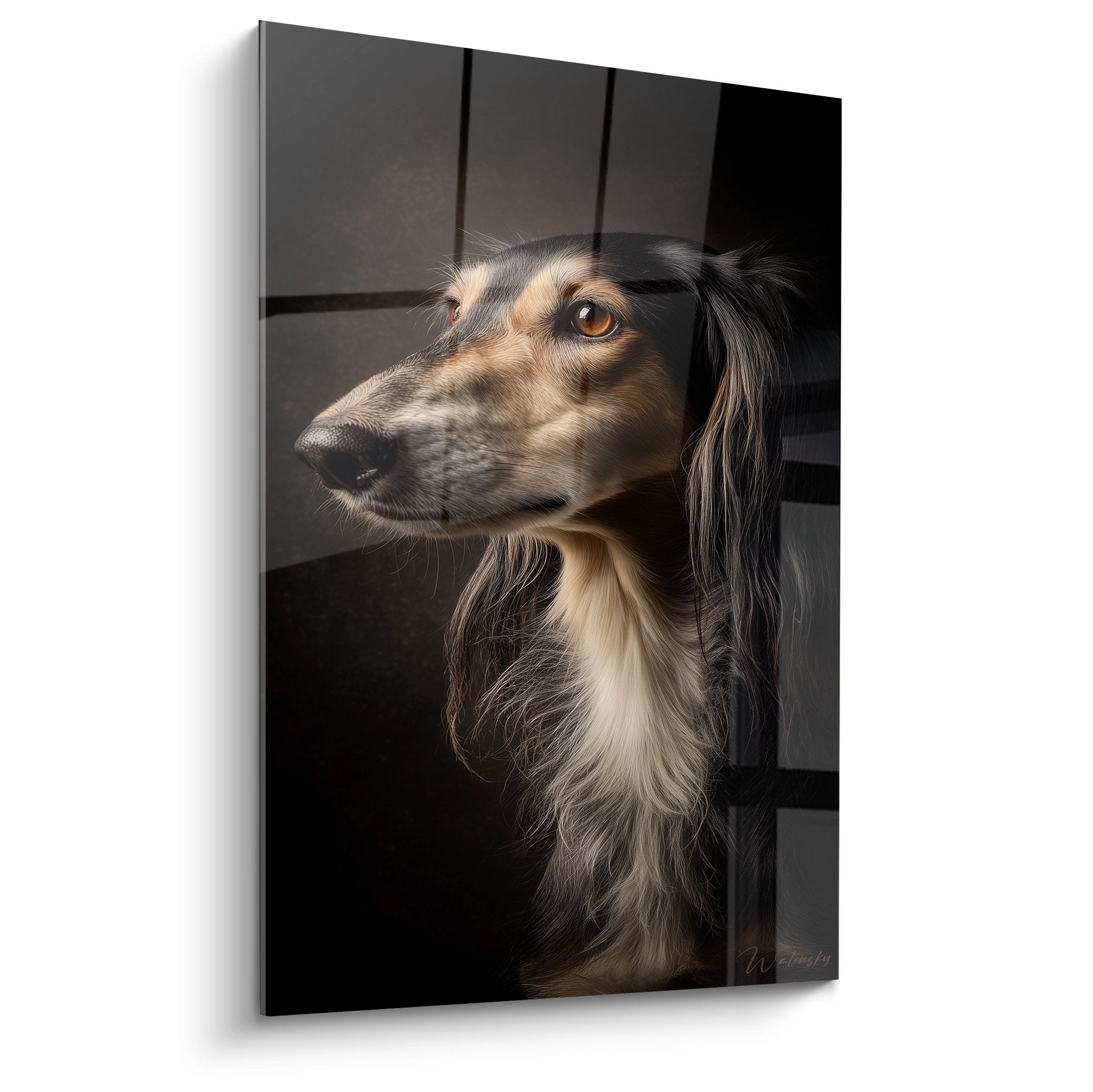 Portrait artistique d'un Saluki au regard melancolique, pelage brun et beige, lumiere douce, edition lévrier noble