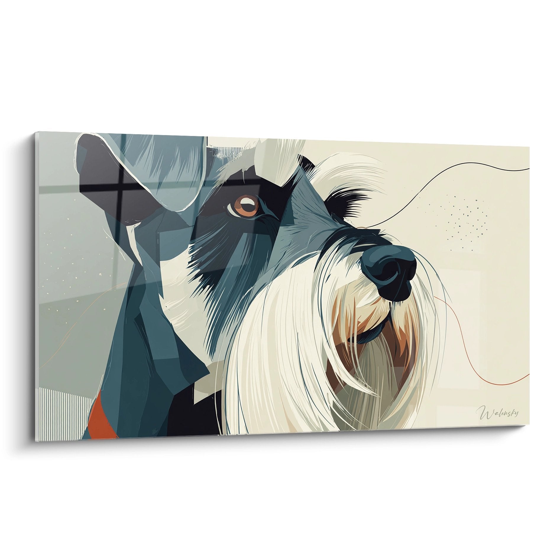 portrait artistique schnauzer tons bleu gris style contemporain geometrique chien barbu