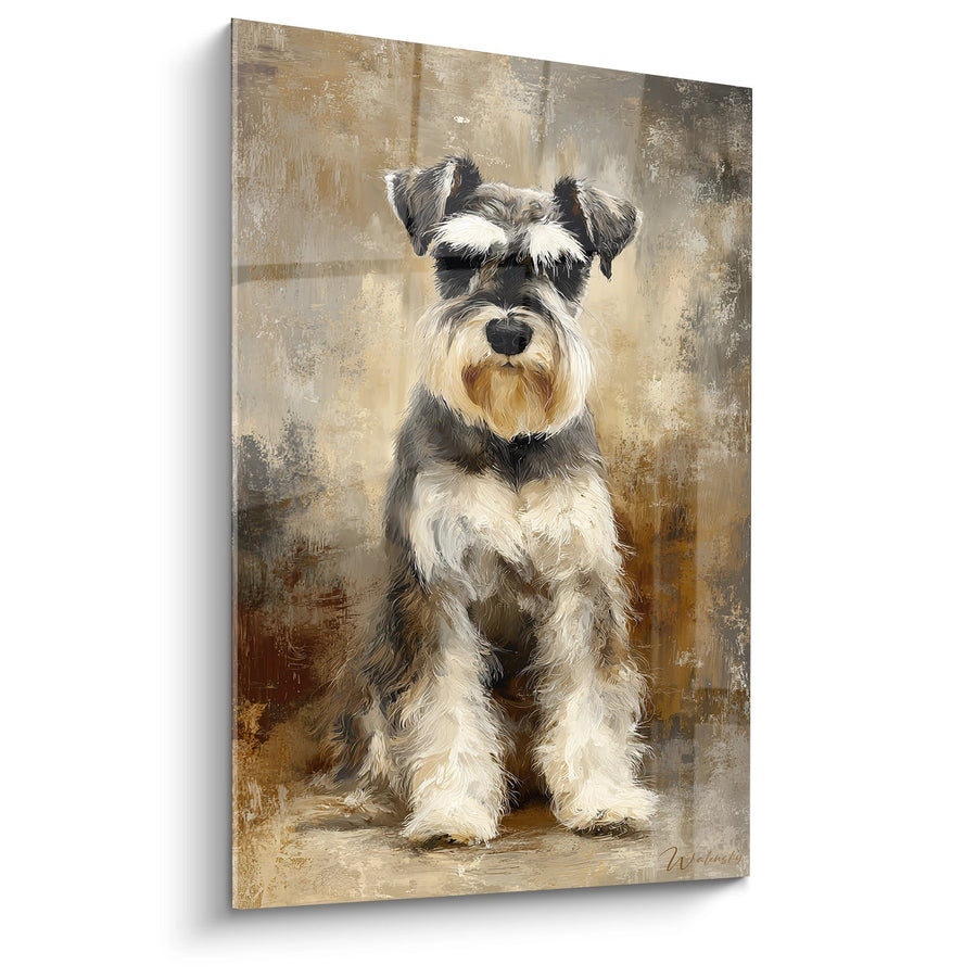 Obraz Schnauzer Siedzący Tło Beżowe Teksturowane - Elegancki Portret Psiego - Edycja Schnauzer