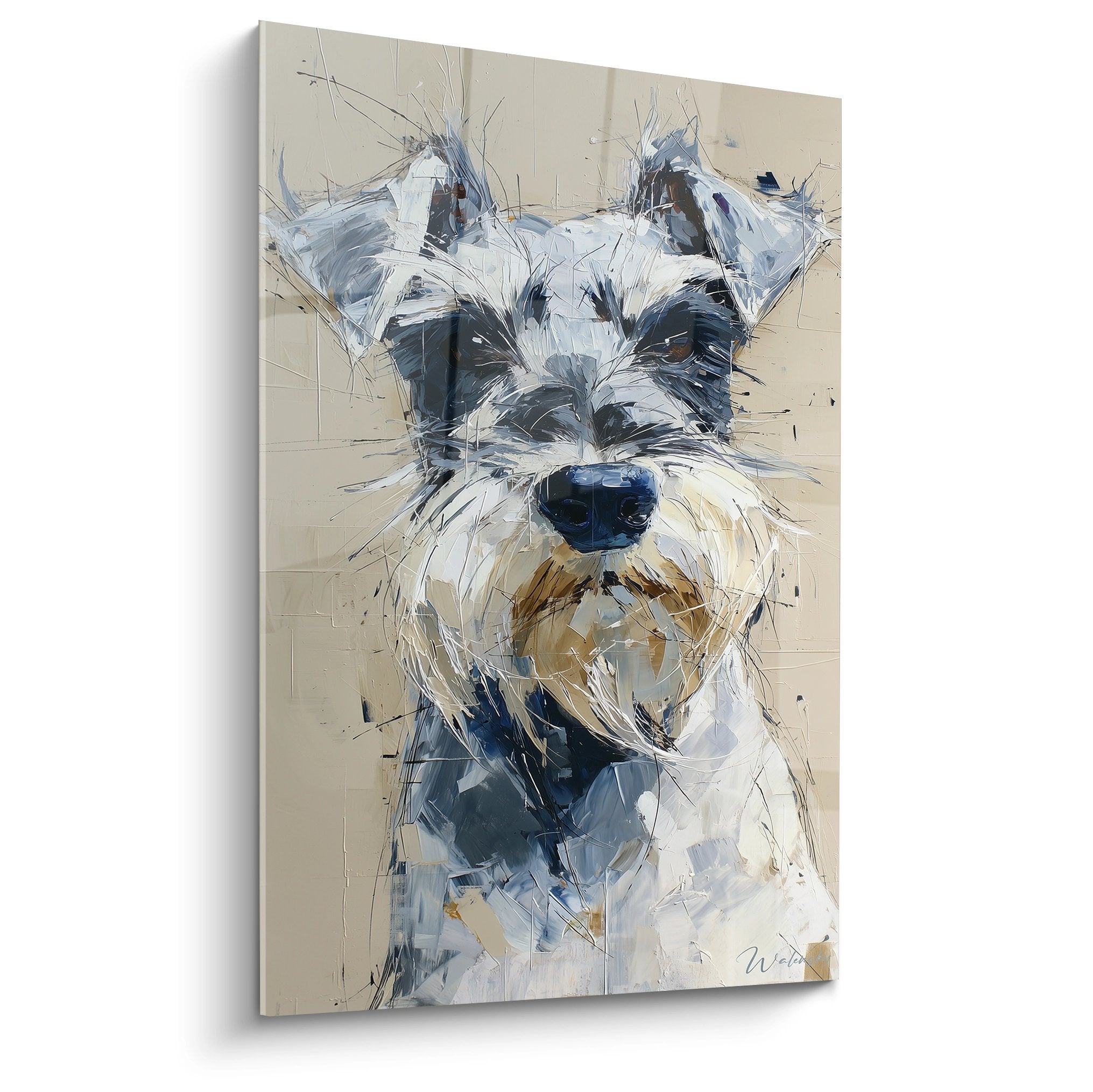 Portrait expressif de Schnauzer aux tons bleus et beiges, technique picturale moderne gestuelle