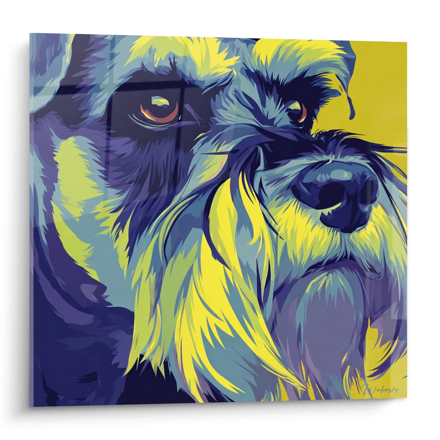 Tableau Portrait de Chien aux Tons Bleus et Jaunes - Regard Expressif - Edition Schnauzer