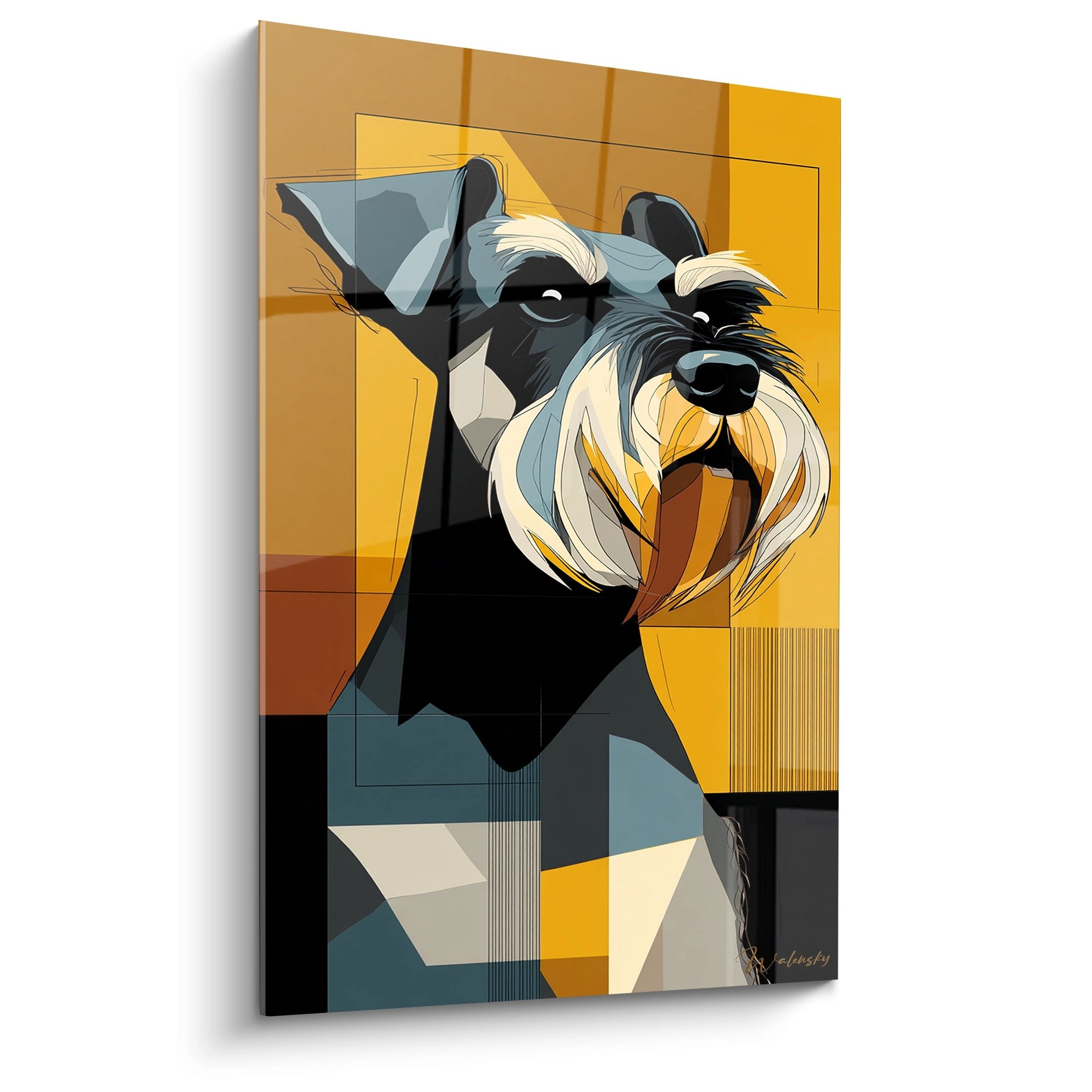 portrait geometrique schnauzer orange gris langue rose art moderne canin cubiste facettes colorees