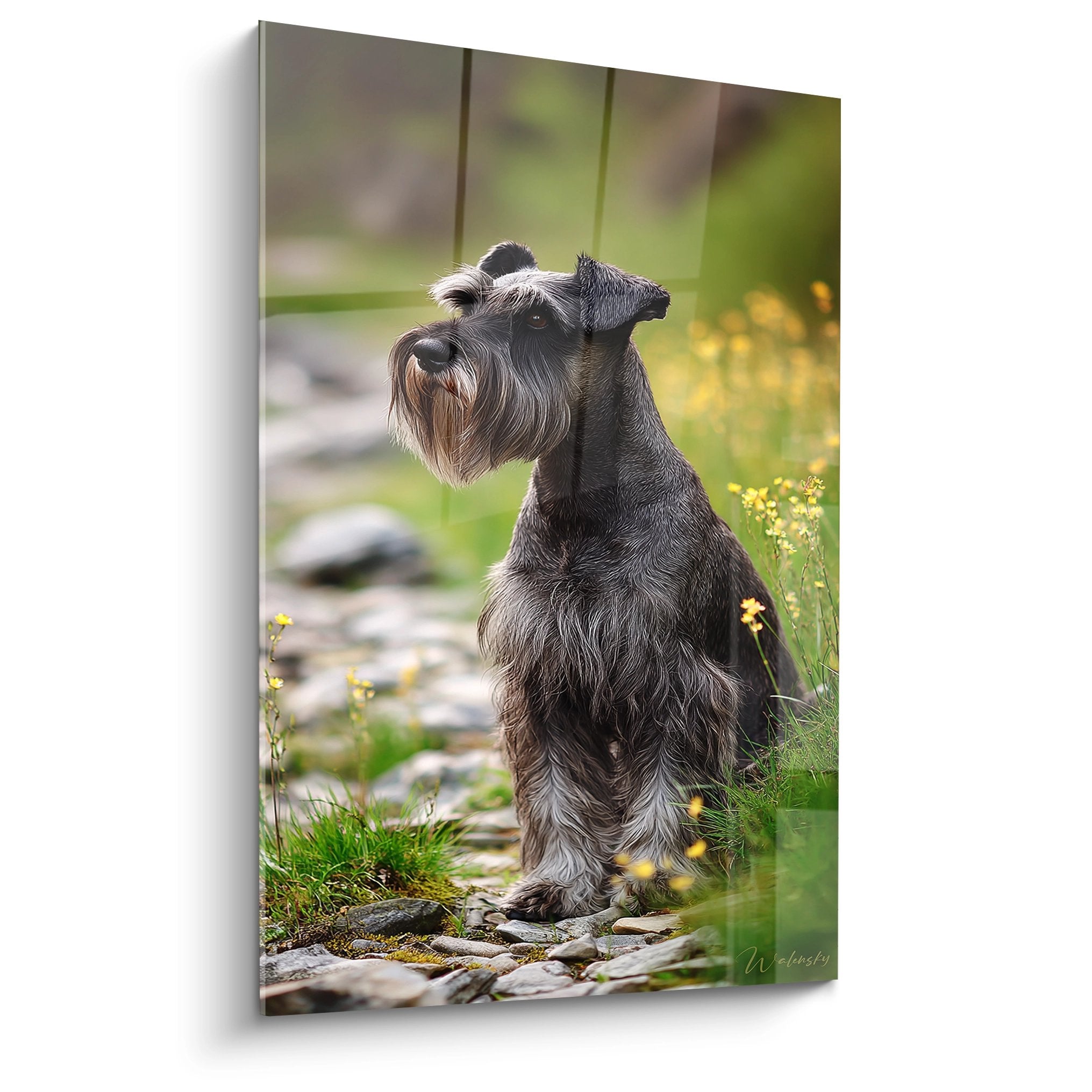 Portrait de Schnauzer gris sur chemin de pierres avec fleurs jaunes, pelage anthracite détaillé, regard expressif