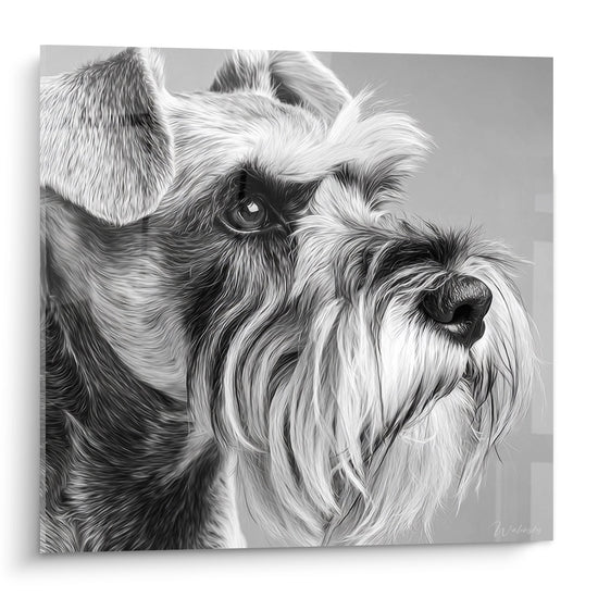 Portrait réaliste de Schnauzer en noir et blanc avec regard expressif et pelage détaillé