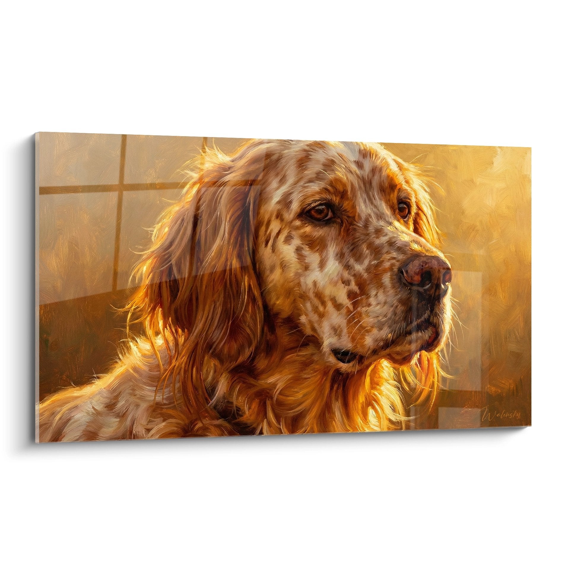 Portrait artistique Setter Anglais pelage auburn reflets dorés lumière chaude fond beige carrelé