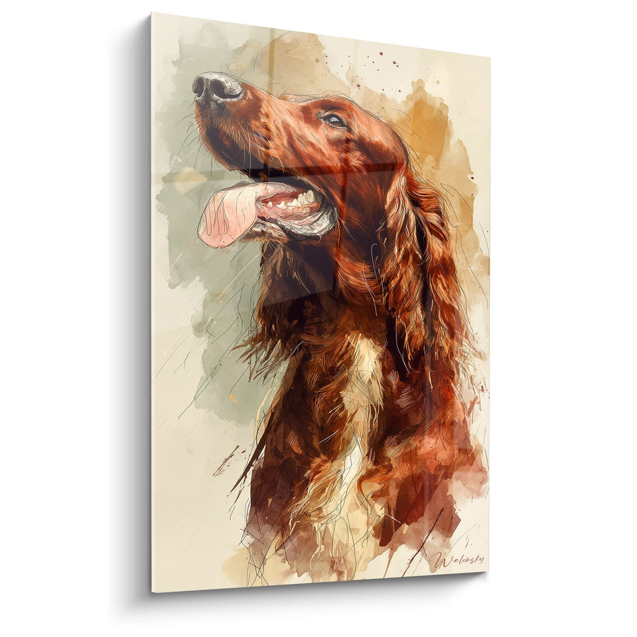 Tableau Chien Roux Langue Pendante Aquarelle - Portrait Canin Expressif - Edition Setter Irlandais