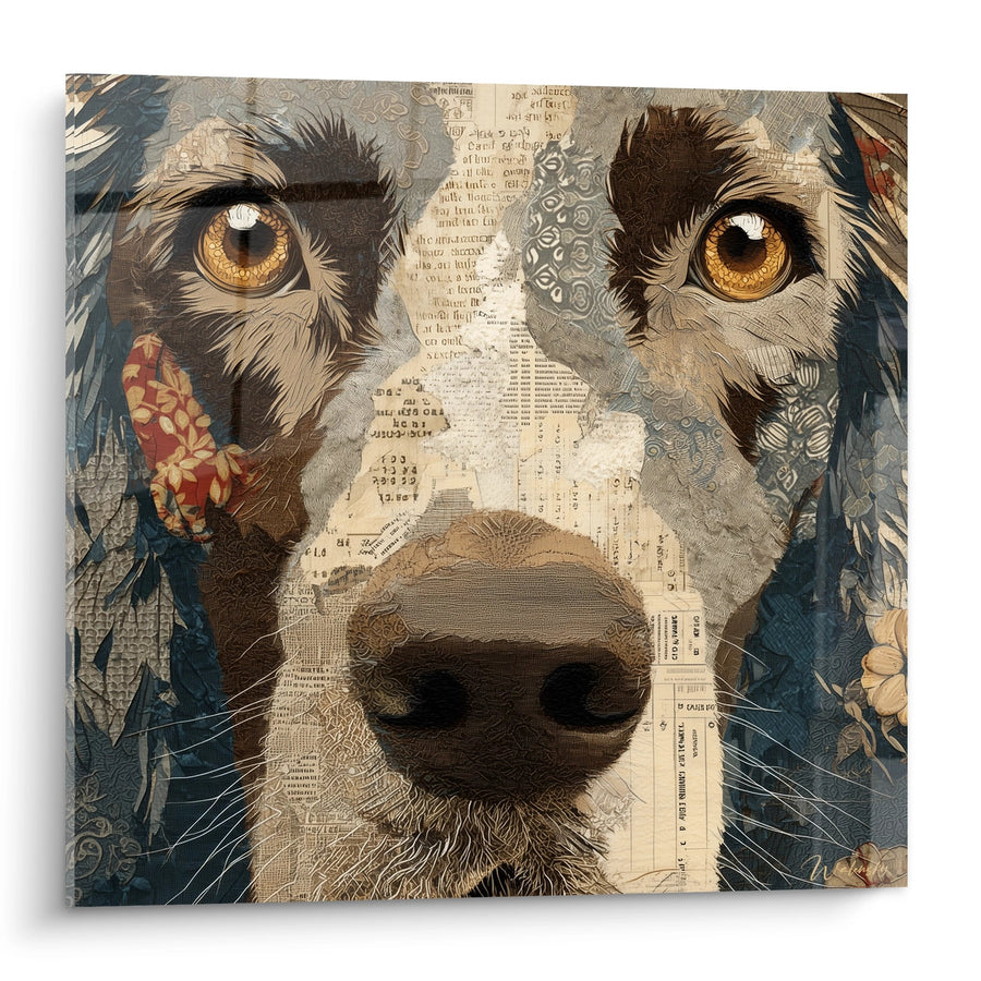 Tableau Portrait Canin aux Yeux Dorés sur Collage de Journaux - Regard Perçant - Edition Setter Irlandais
