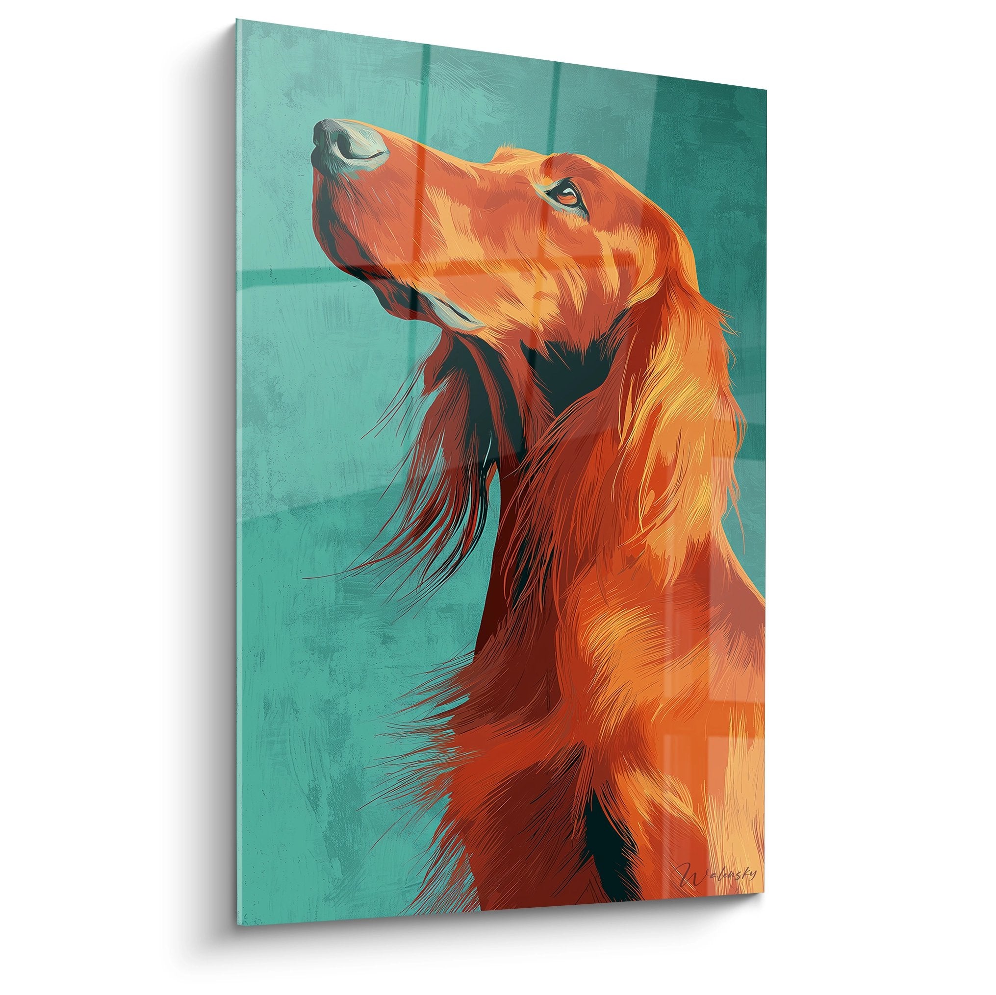 Tableau portrait setter irlandais roux levant la tête sur fond turquoise style artistique expressif