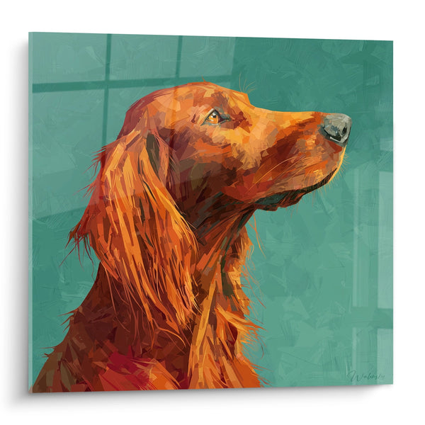 Cuadro de Perro Rojo con Tonos Naranja sobre Fondo Turquesa - Retrato Expresivo - Edición Setter Irlandés