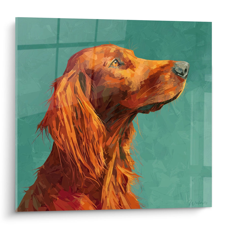 Tableau Chien Roux aux Tons Orangés sur Fond Turquoise - Portrait Expressif - Edition Setter Irlandais