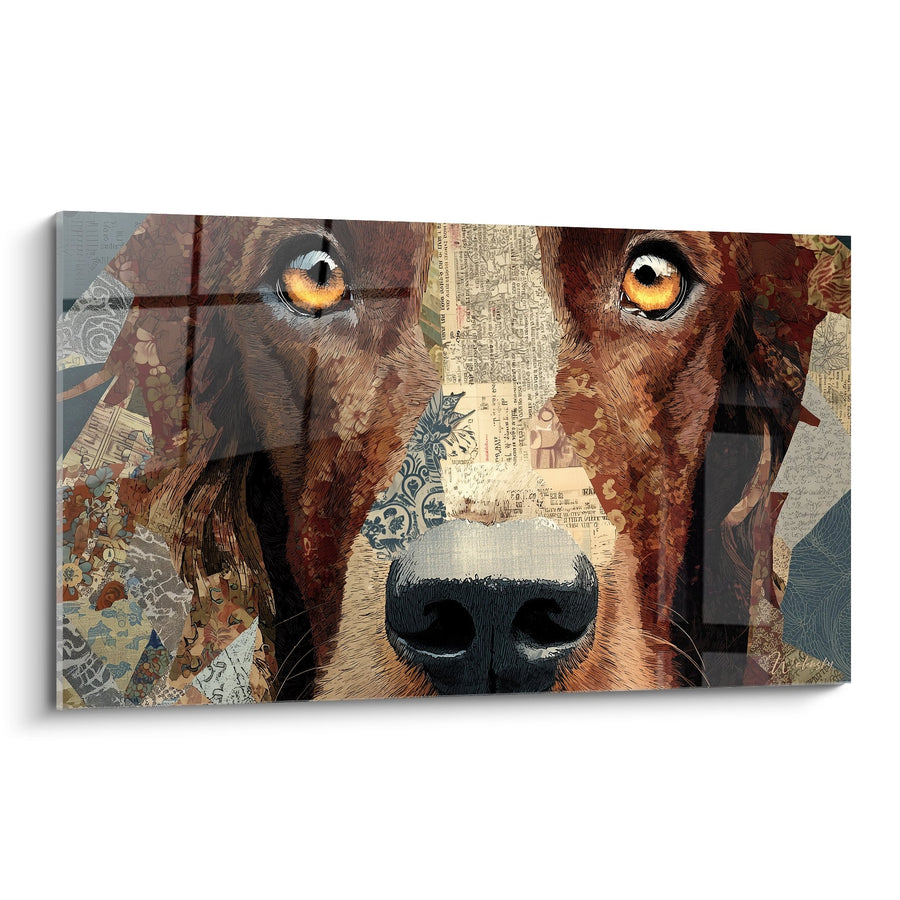 Dog Portrait Painting with Amber Eyes on Vintage Collage - Piercing Gaze - Irish Setter Edition