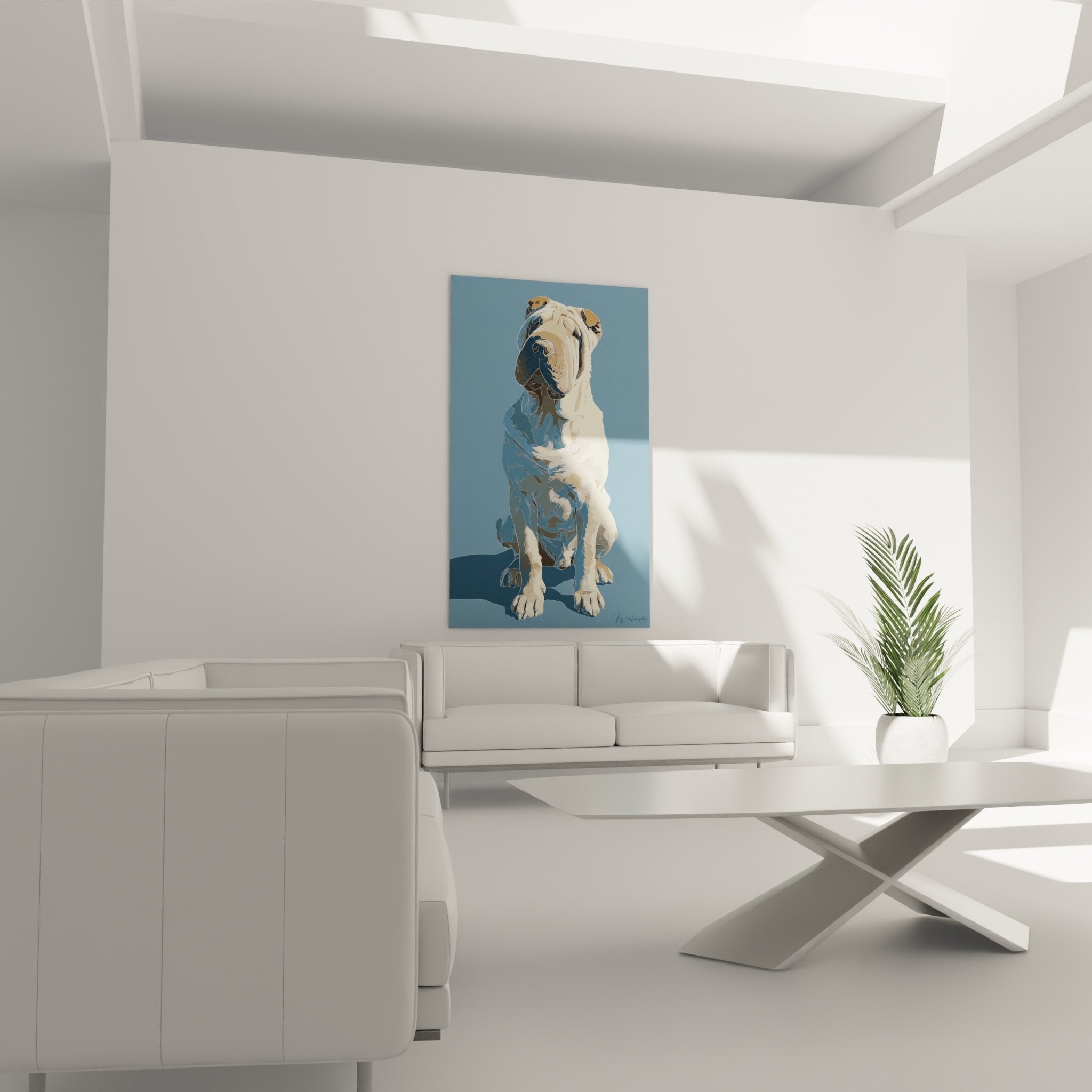 Gros plan portrait chien Shar Pei plis caracteristiques tons bleu creme style artistique