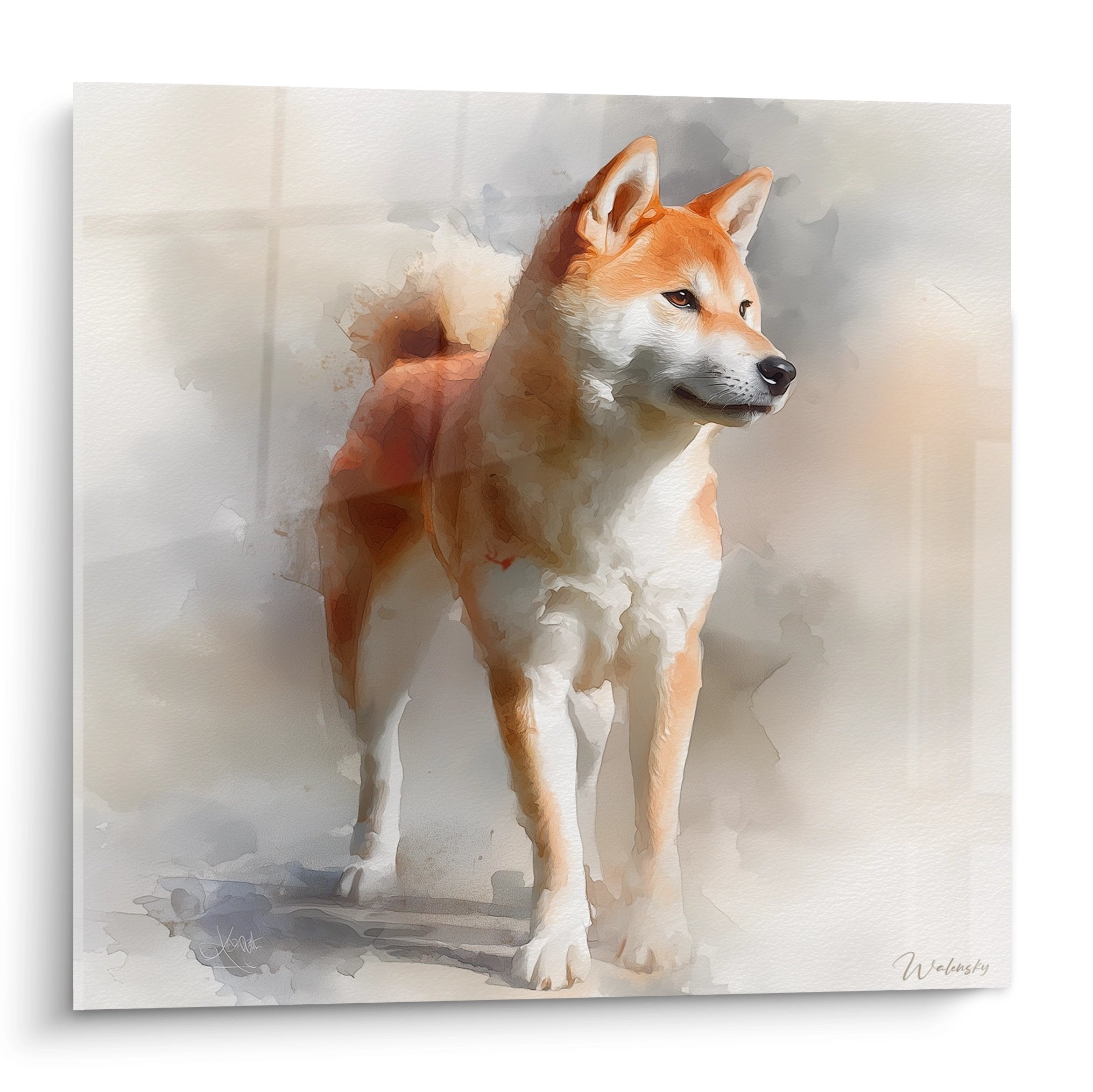 Watercolor portrait of Shiba Inu with orange and white tones on gray background, delicate and contemplative artistic style
