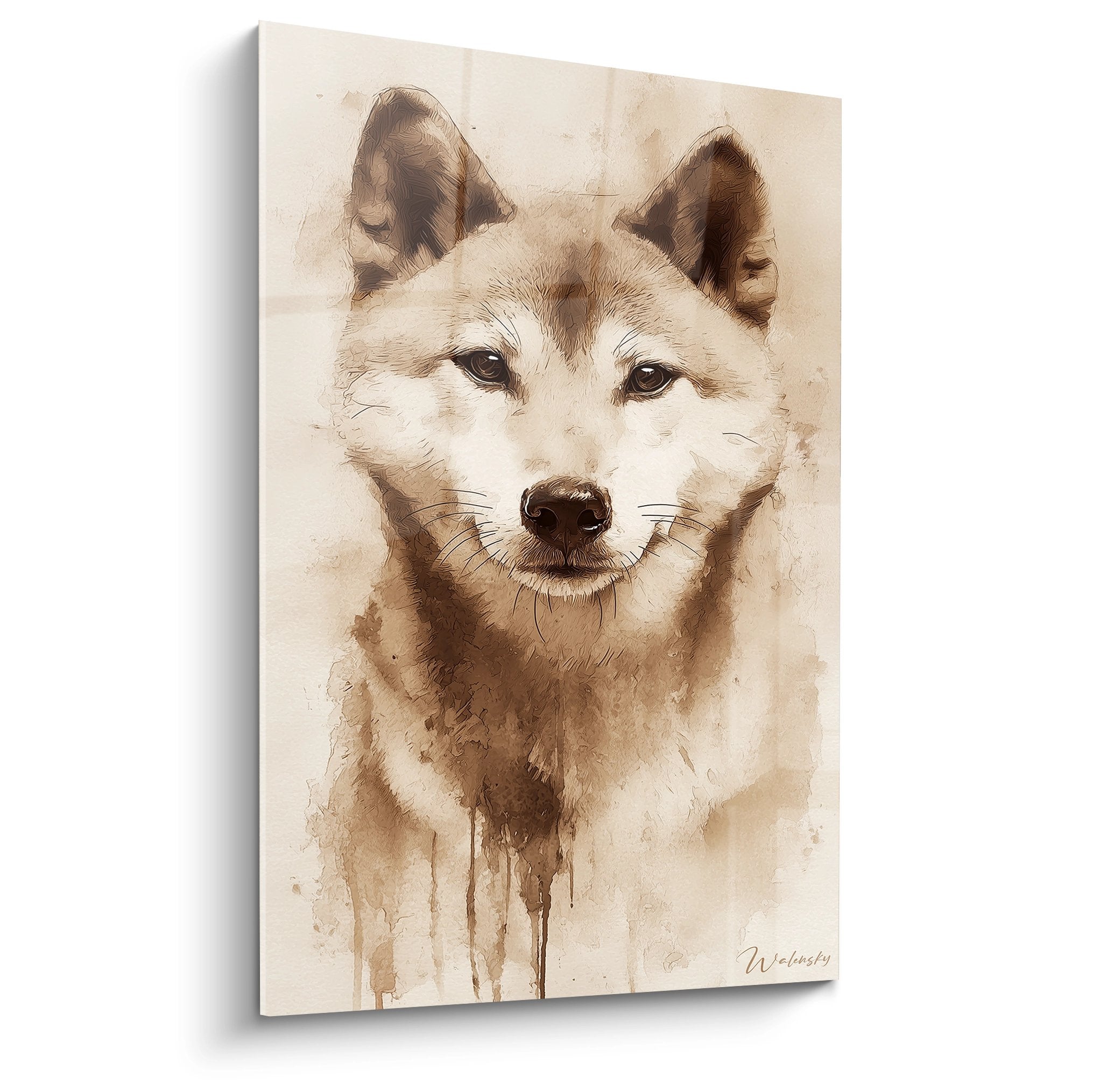 Portrait aquarelle shiba inu sepia regard tendre oreilles dressees style artistique