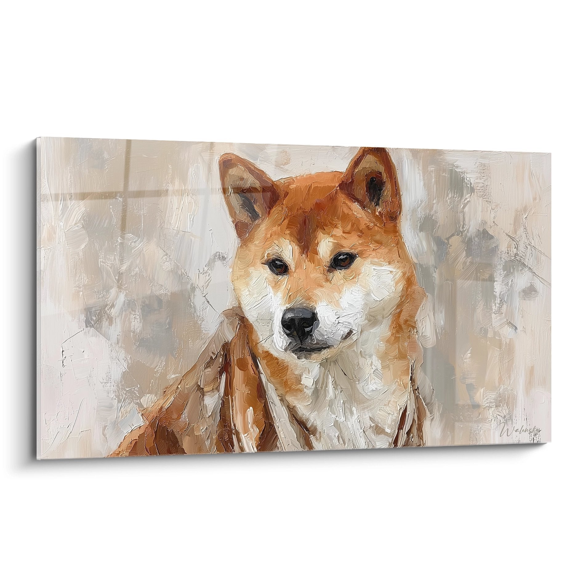 Portrait expressif de Shiba Inu aux tons roux et orangés sur fond beige, peinture moderne aux pinceaux visibles