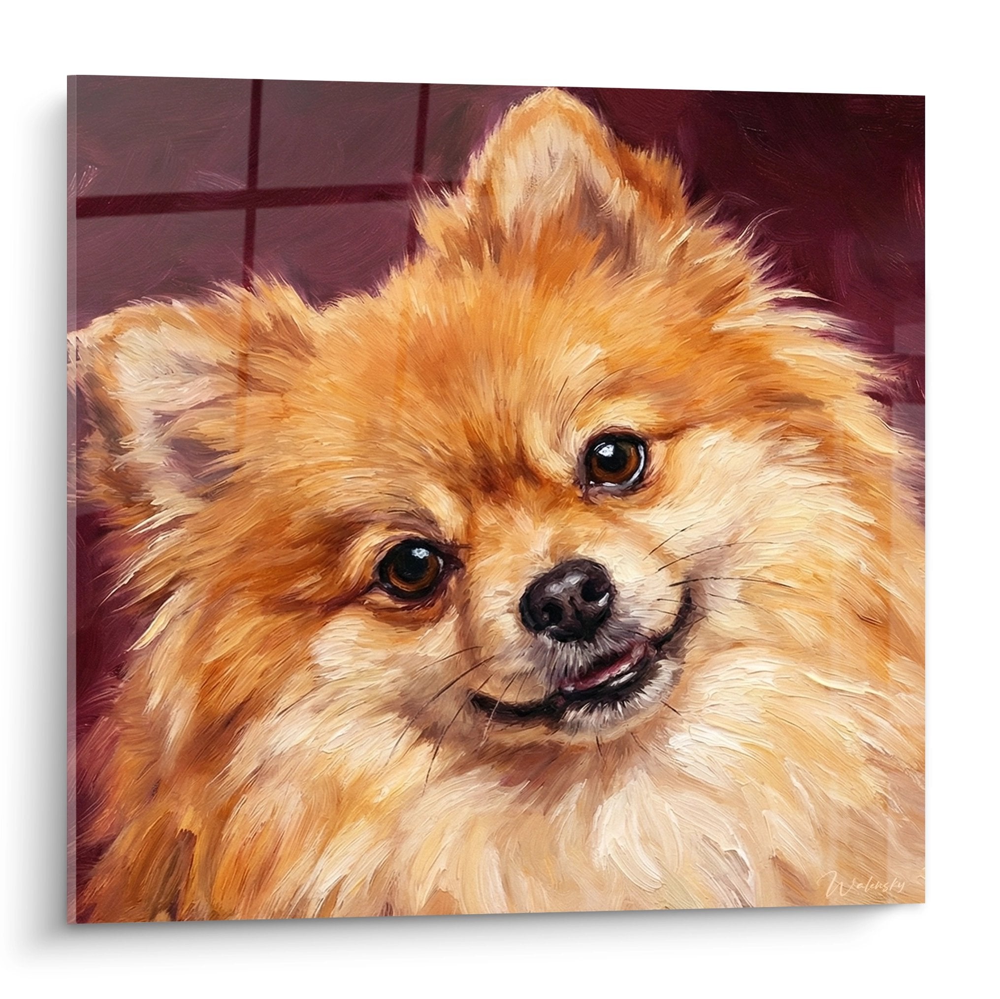 Portrait artistique de Spitz Pomeranian roux aux yeux expressifs sur fond bordeaux