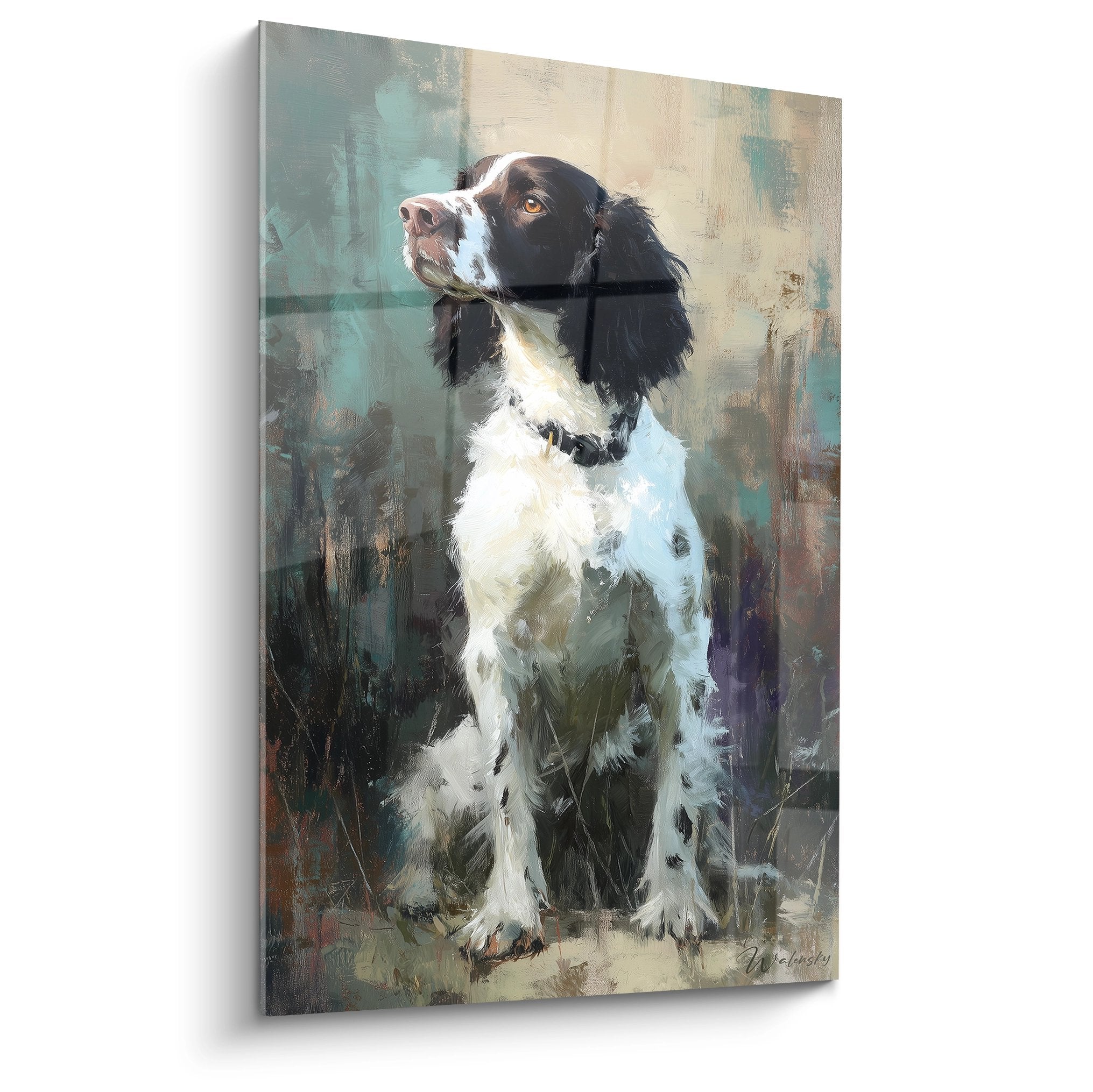 Portrait artistique Springer Anglais noir blanc tons pastel turquoise beige regard expressif vers le haut