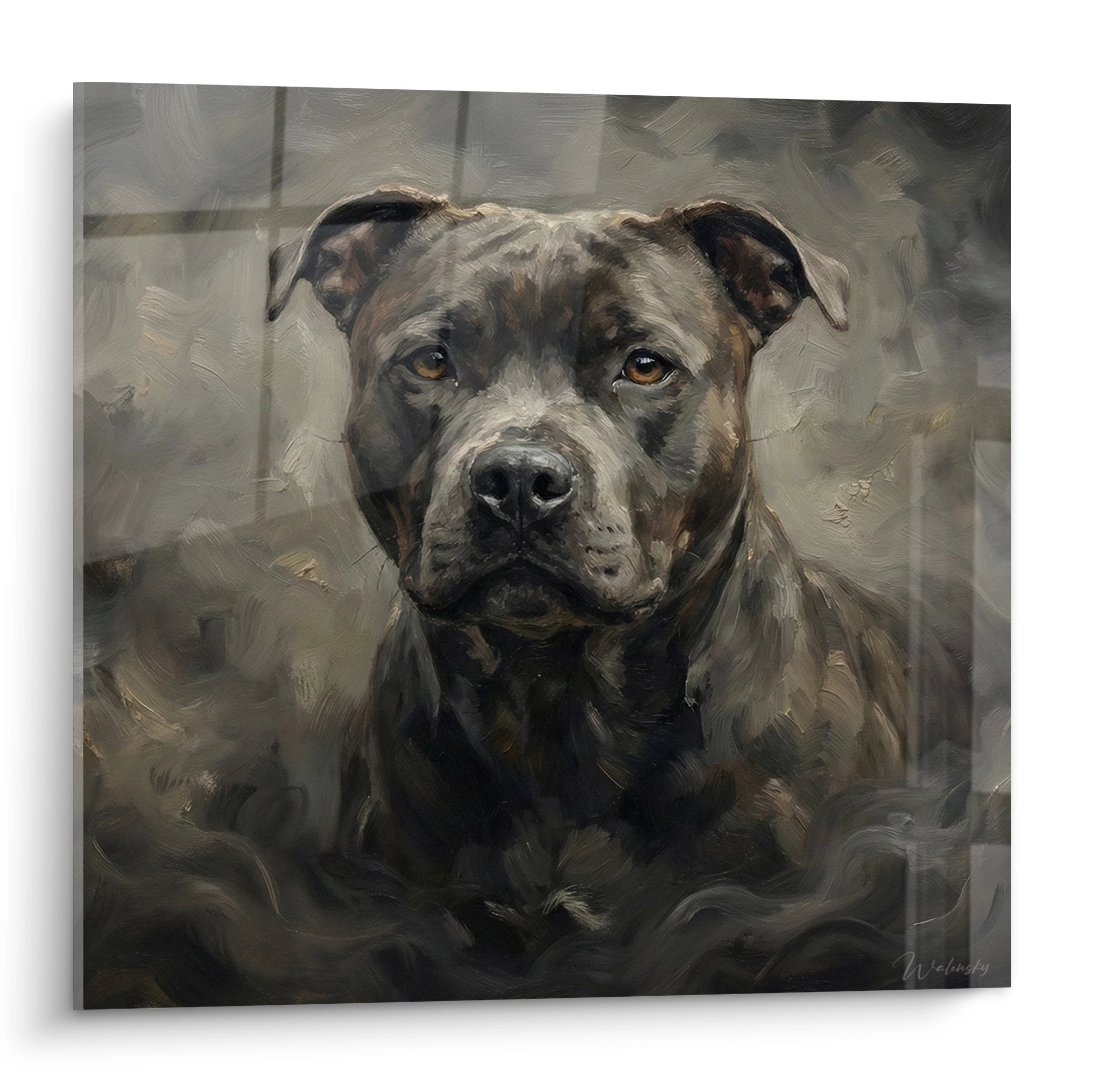 ritratto realistico staffordshire bull terrier tonalità marroni grigie tecnica pittura classica sguardo intenso