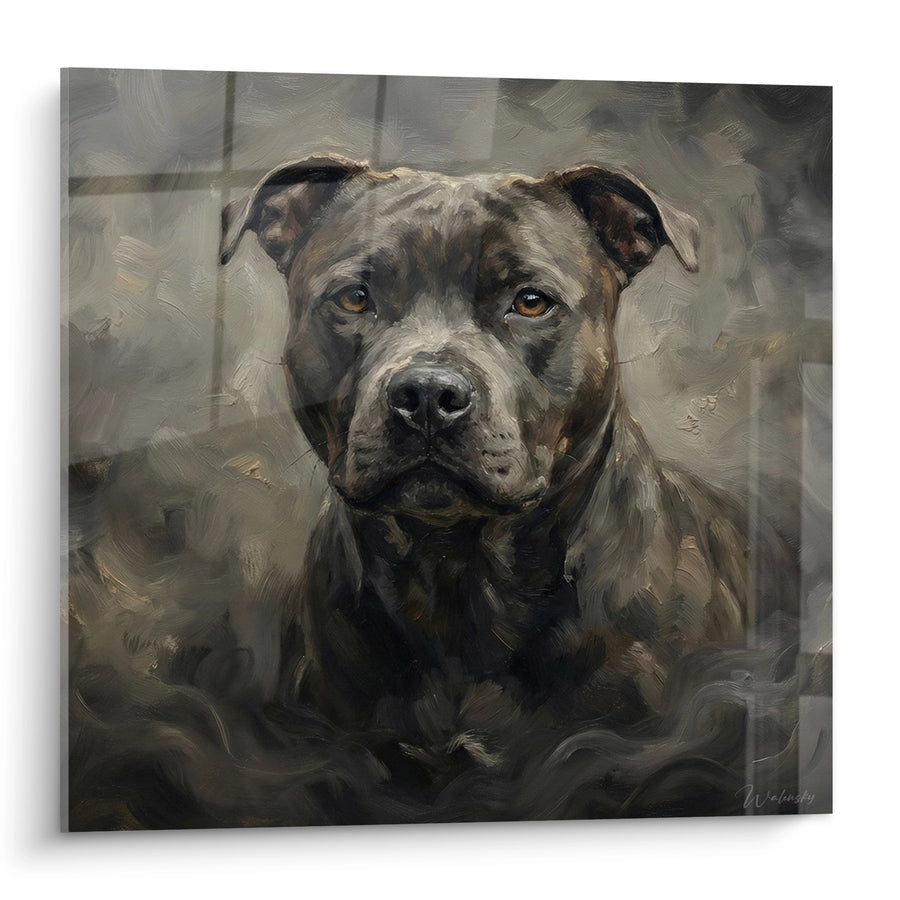 Tableau Portrait Chien aux Tons Bruns et Gris - Regard Perçant - Edition Staffordshire Bulle Terrier