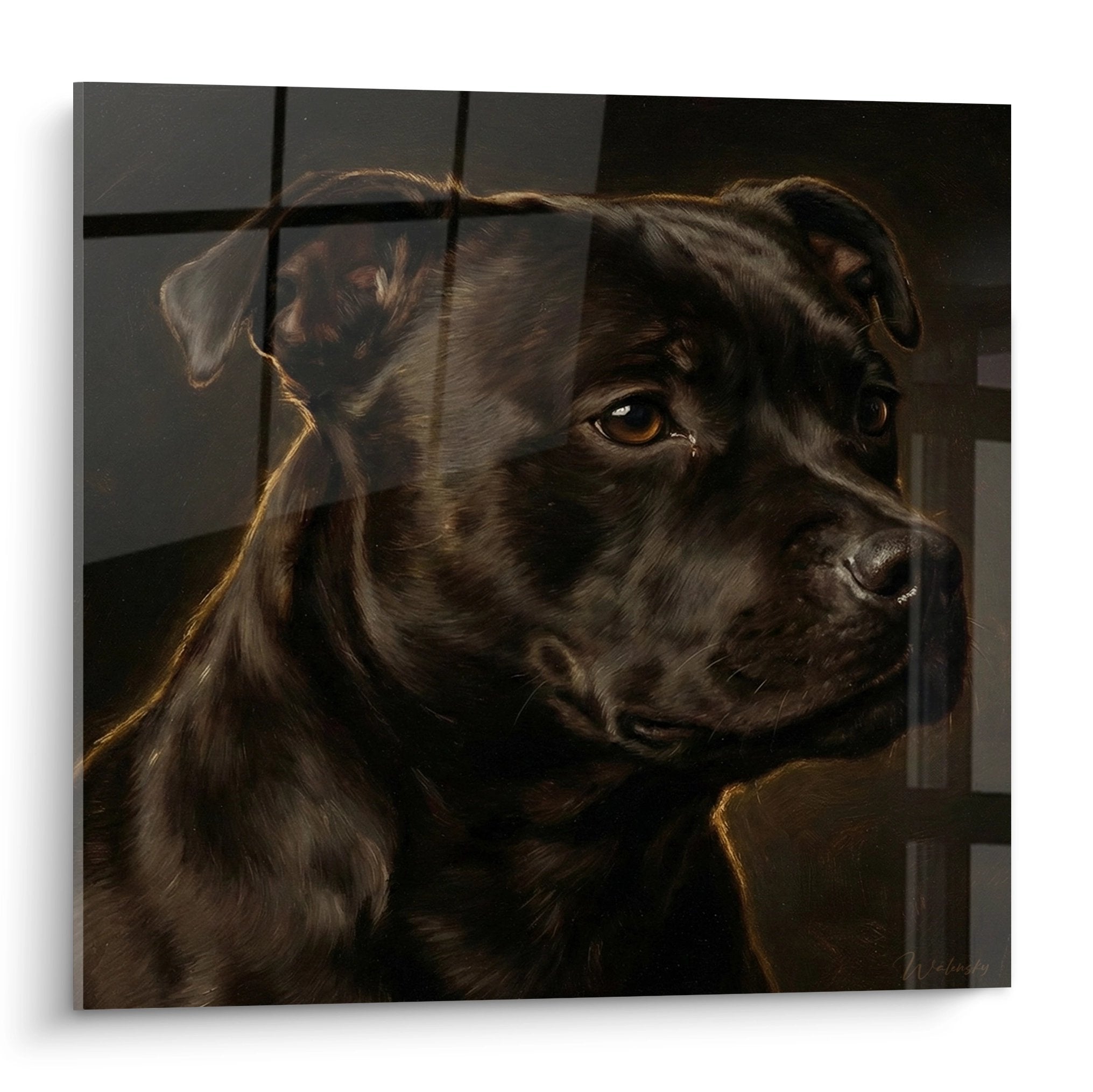 Portrait artistique Staffordshire Bulle Terrier aux tons bruns et regard ambre sur fond neutre