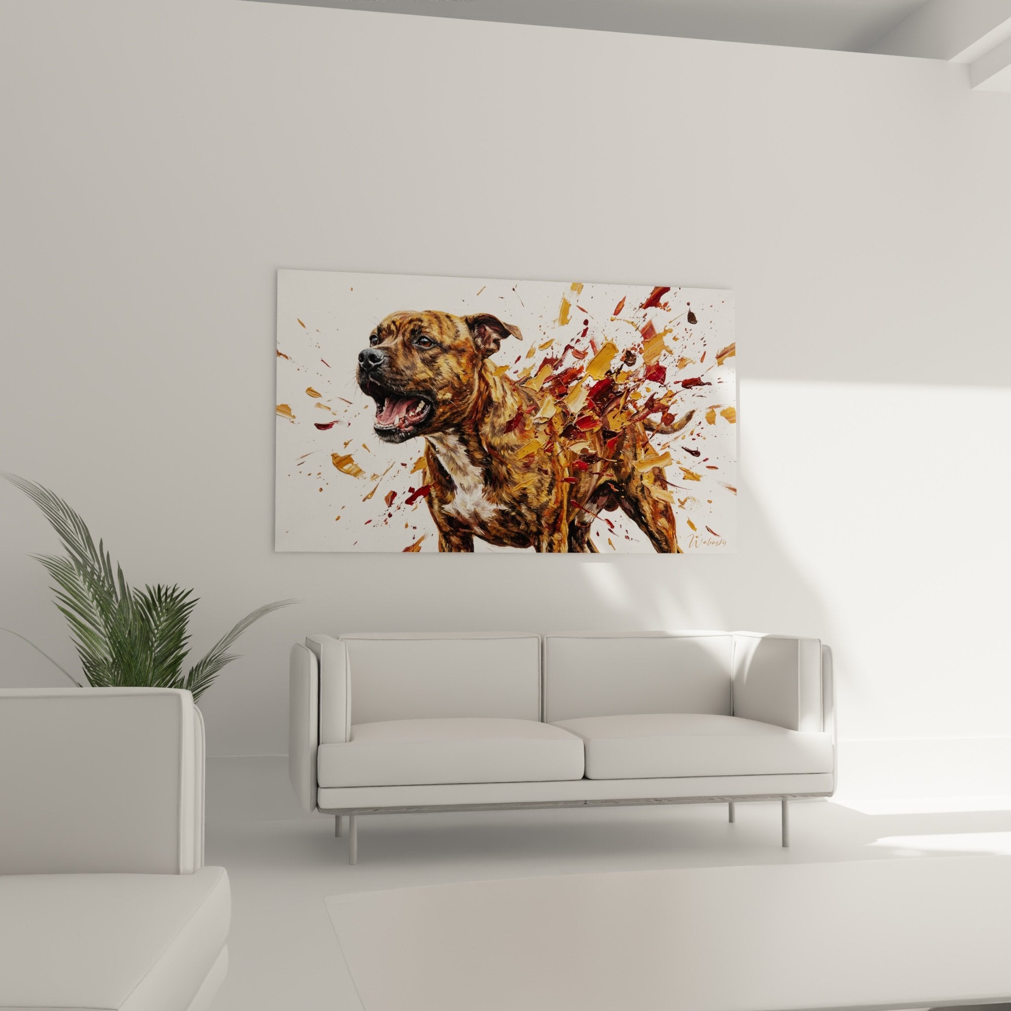 Detail portrait Staffordshire Bull Terrier pelage bringe expression joyeuse projections artistiques
