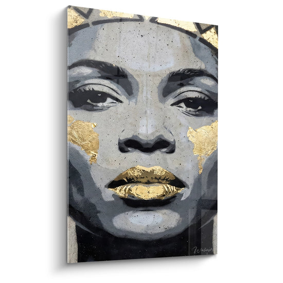 Schilderij vrouwengezicht met gouden lippen en goudkleurige accenten - Stedelijk icoon - Portretuitgave Street art