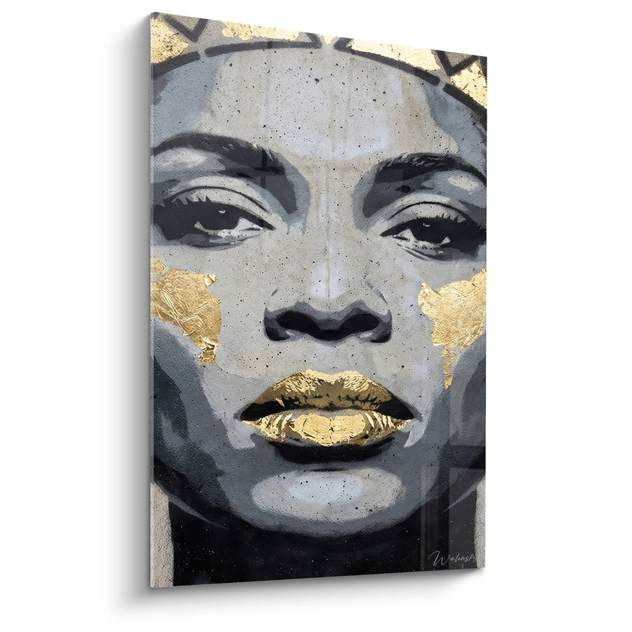 Tableau visage féminin aux lèvres dorées et touches d'or - Icône urbaine - Edition portrait Street art