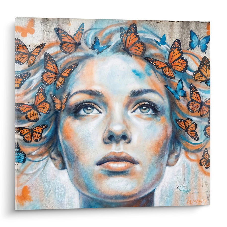 Tableau femme aux papillons orange et bleu - Métamorphose urbaine - Edition portrait Street art