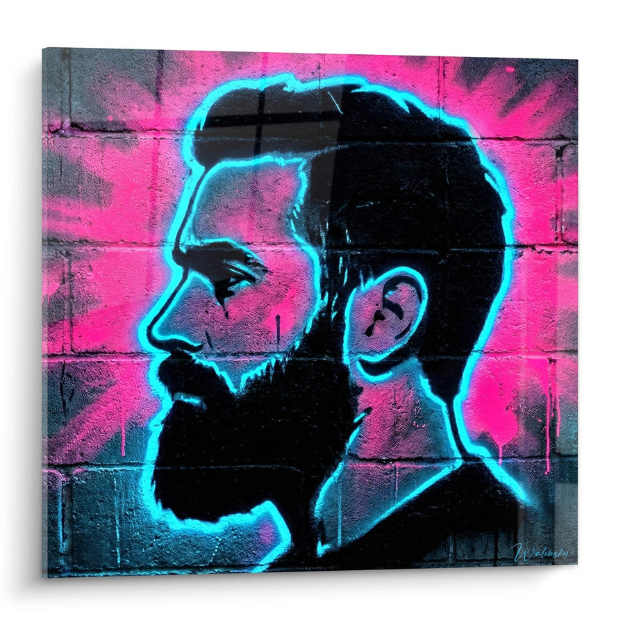 Man in profiel, turkoois en roze, op bakstenen muur - Stedelijke glans - Neon fluorescent street art editie
