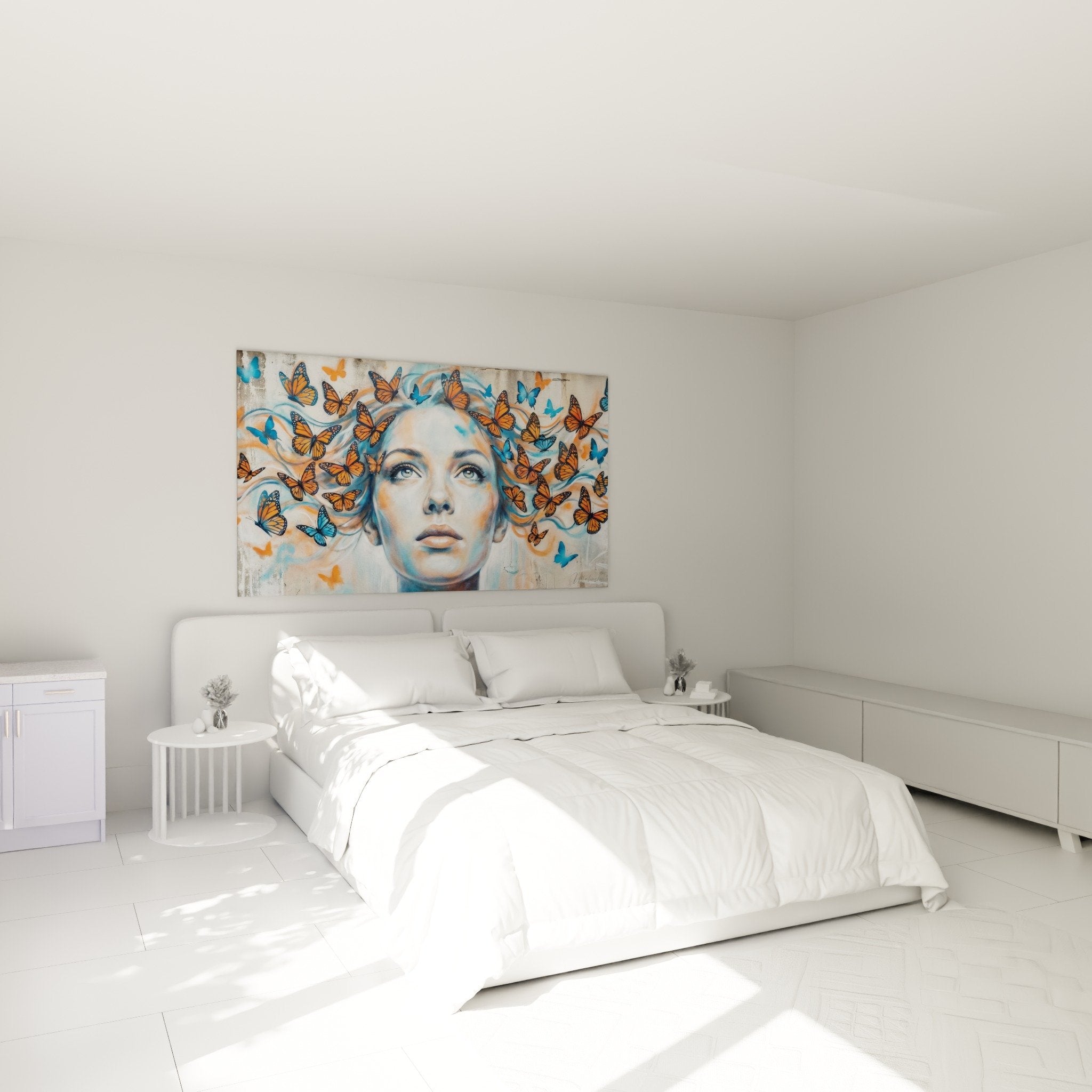 Tableau portrait street art papillons orange dans chambre decoration murale moderne ambiance poetique