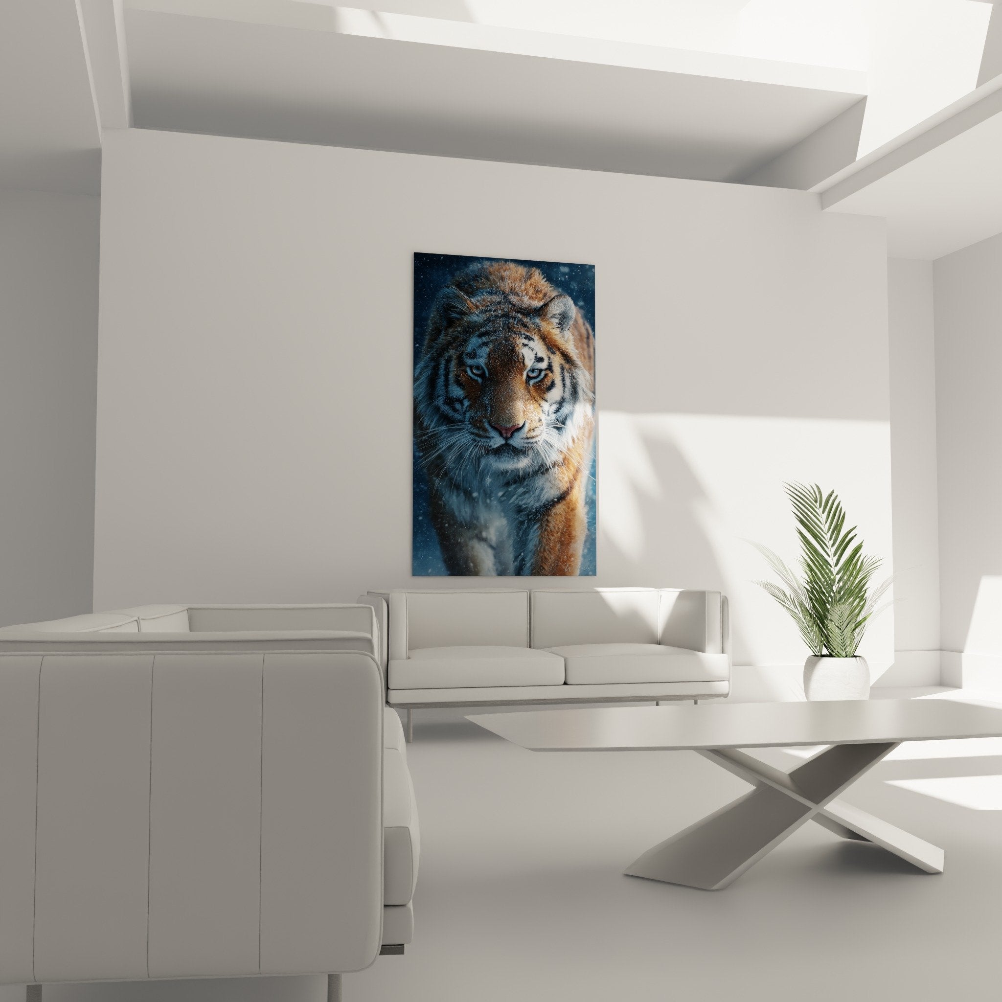 Gros plan portrait tigre neige detail pelage orange rayures noires yeux bleu pergants realisme