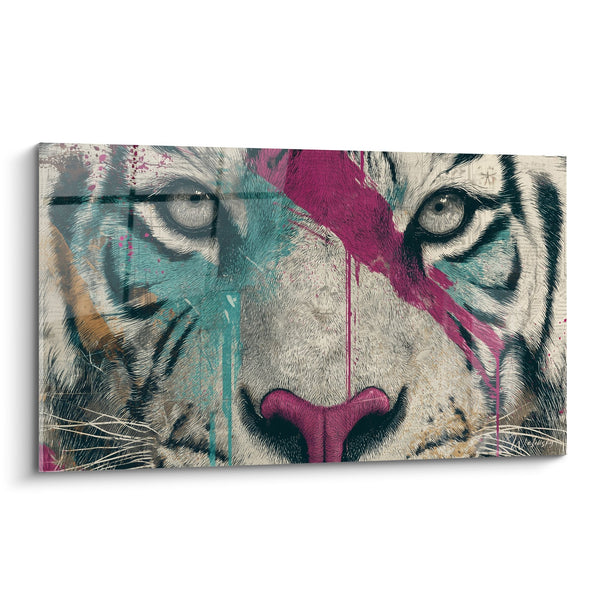 Cuadro Retrato Felino con Rasgos Coloridos Turquesa y Magenta - Mirada Salvaje - Edición Tigre