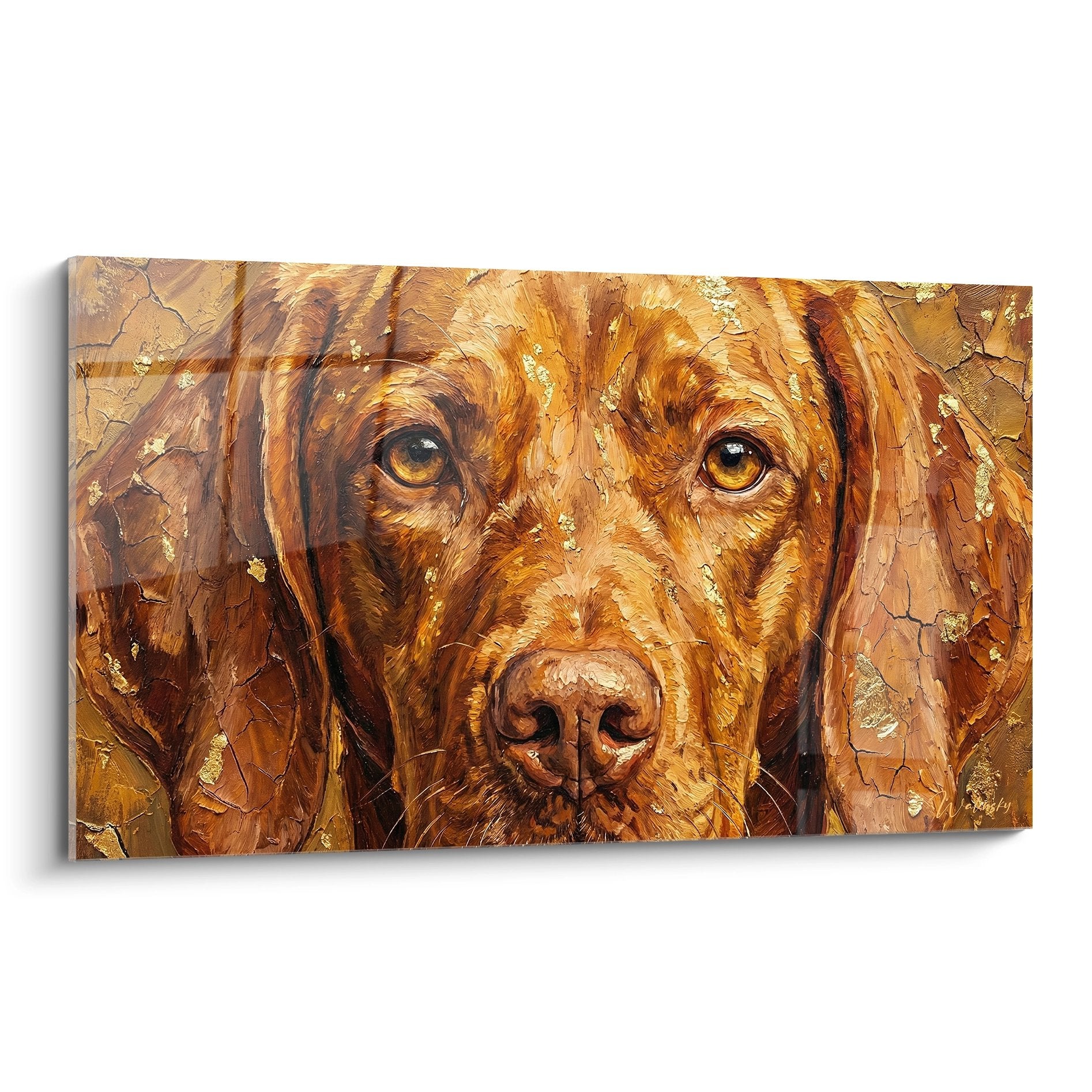 Portrait artistique de Vizsla roux aux yeux dorés avec effet de peinture craquelée texturée sur toile