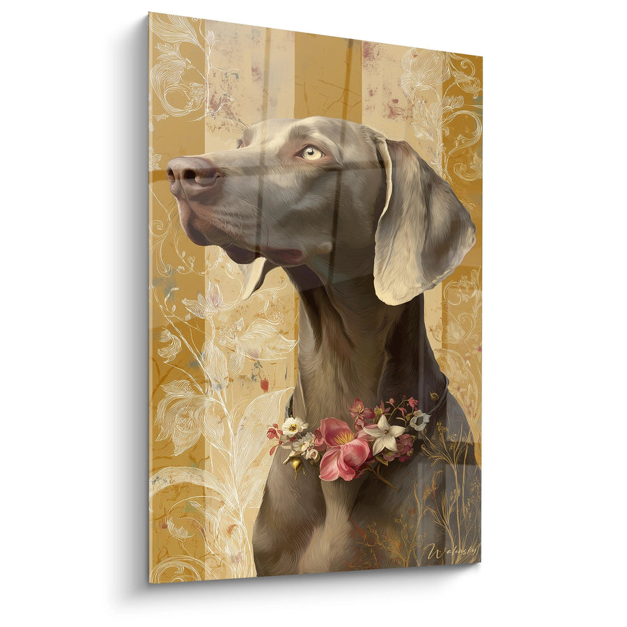Tableau Portrait de Chien Gris aux Tons Dorés avec Couronne Florale - Grâce Aristocratique - Edition Weimaraner
