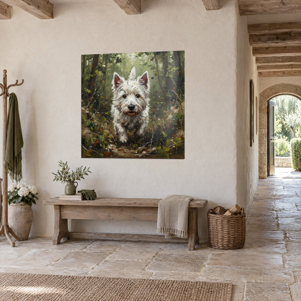 Wall art of a white terrier with pink-tinged upright ears, soft green forest background and orange spots, country stone hallway