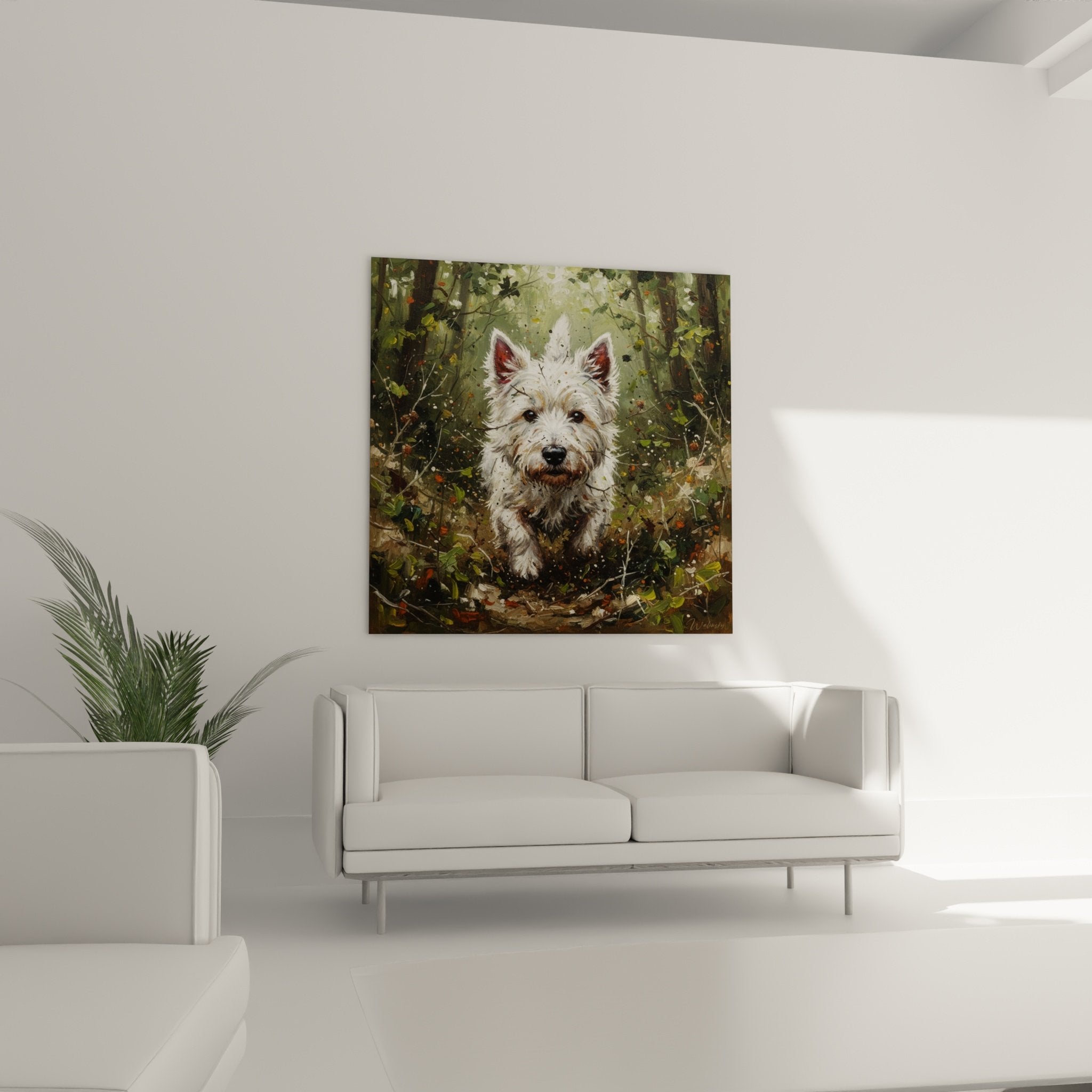 Detailporträt West Highland White Terrier weiß schwarze Augen realistische Malerei