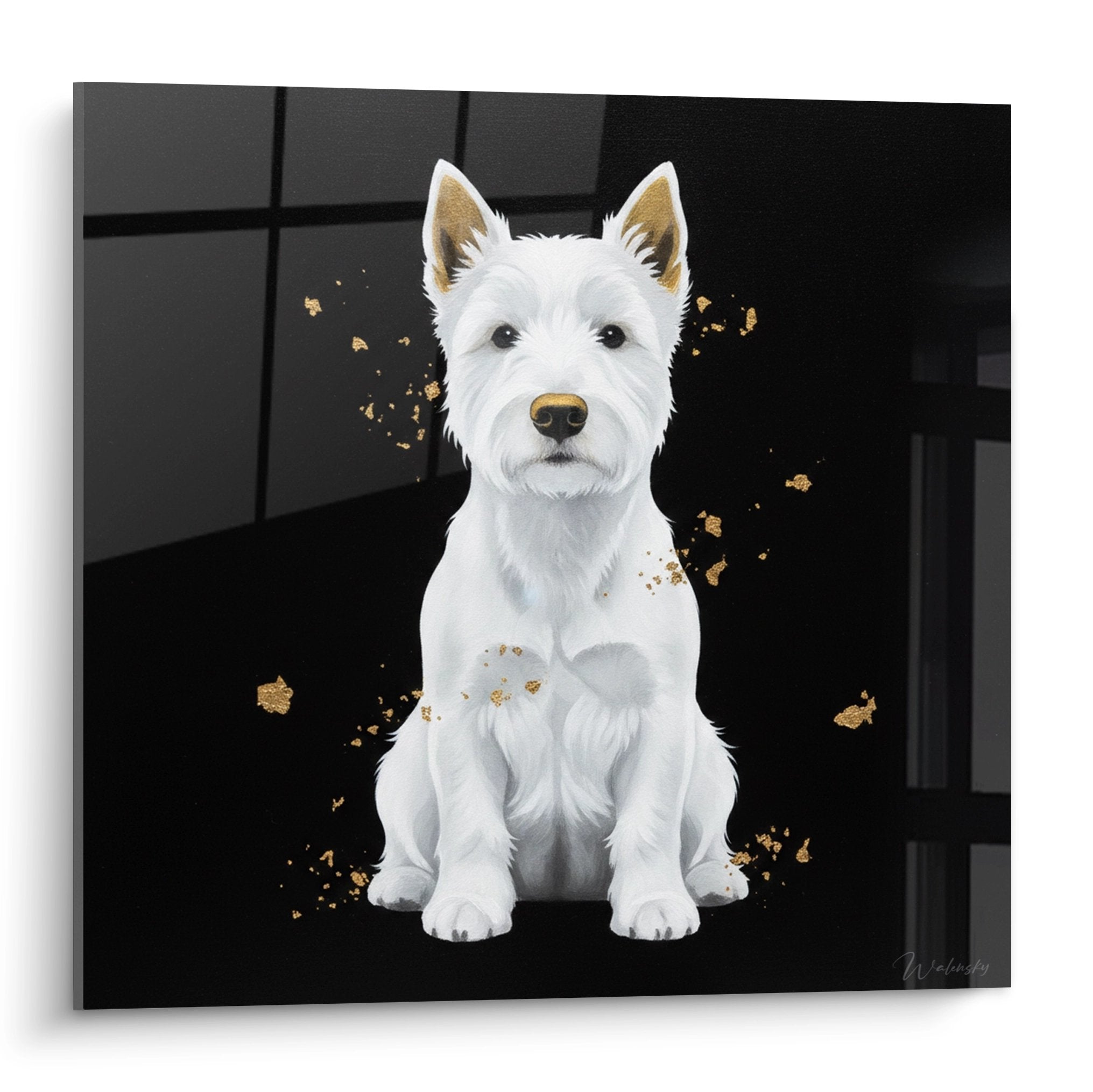 Portrait de West Highland White Terrier blanc assis sur fond noir avec touches dorées artistiques