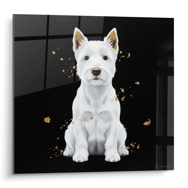 Cuadro de Perro Blanco Sentado con Detalles Dorados - Retrato Elegante - Edición West Highland White Terrier