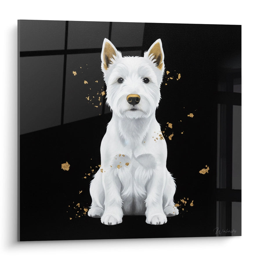 Tableau Chien Blanc Assis avec Touches Dorées - Portrait Élégant - Edition West Highland White Terrier