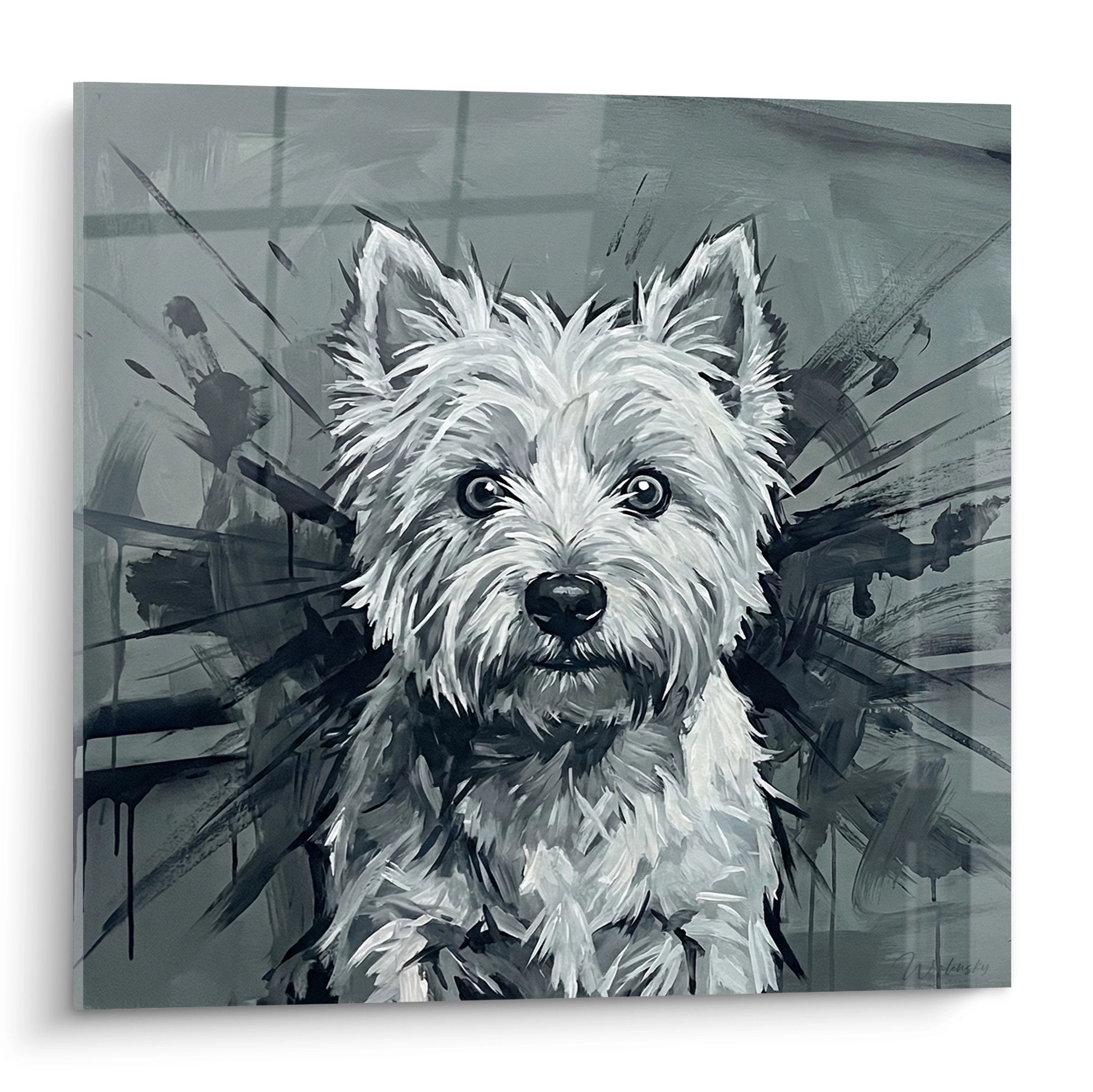 Portrait artistique West Highland White Terrier tons gris argente traits expressifs arriere-plan dynamique